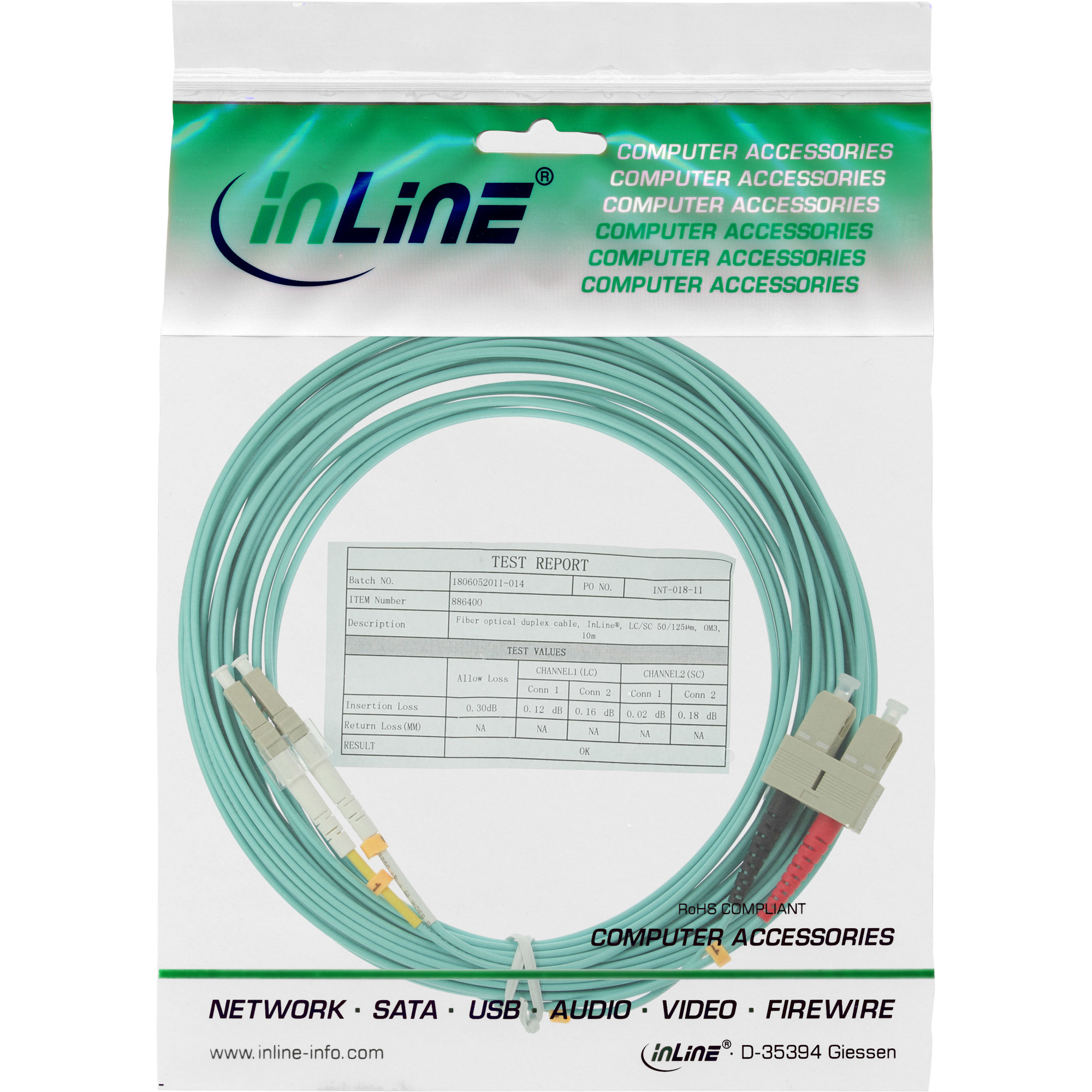 InLine Glasfaserkabel-Paket. Kabel und Anschlüsse sichtbar. Weißer Hintergrund.