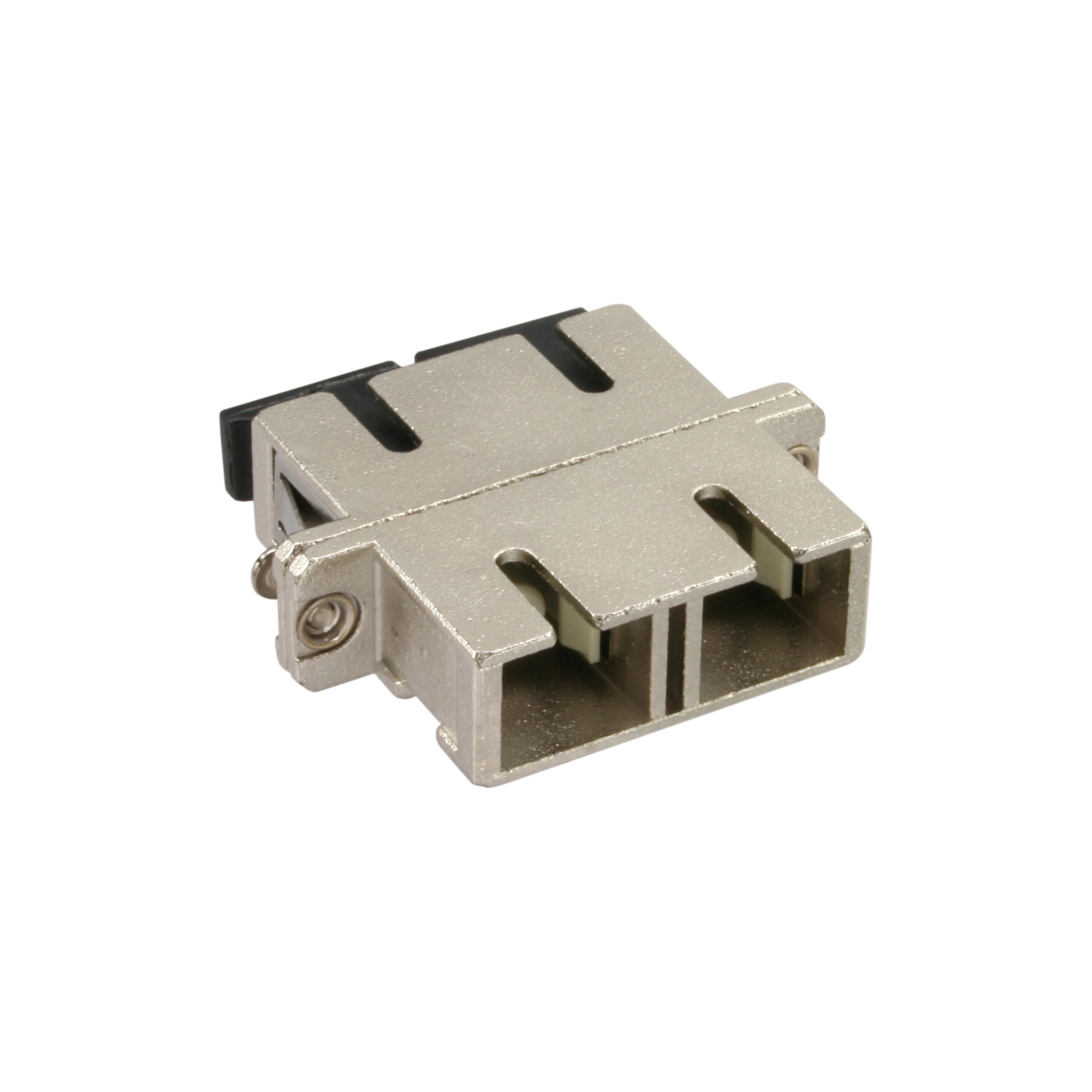 Silberner Metalladapter mit zwei Anschlüssen. Der Adapter hat eine Schraube auf einer Seite und schwarze Kunststoffeinsätze.