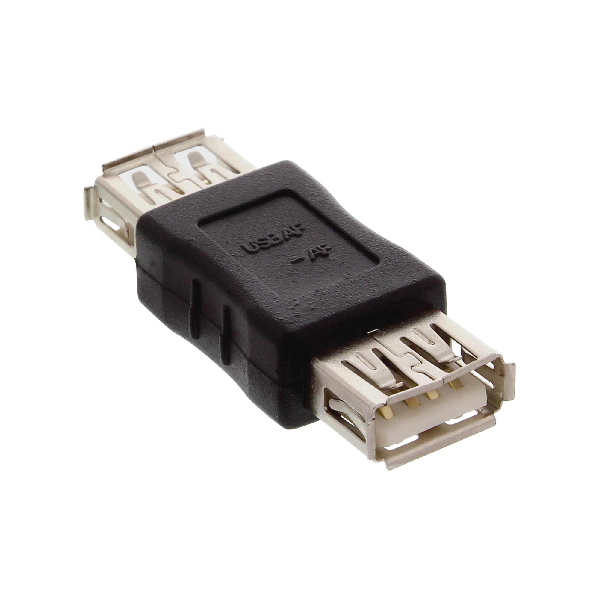 Schwarzer USB-Buchse-zu-Buchse-Adapter. Er befindet sich auf weißem Hintergrund.