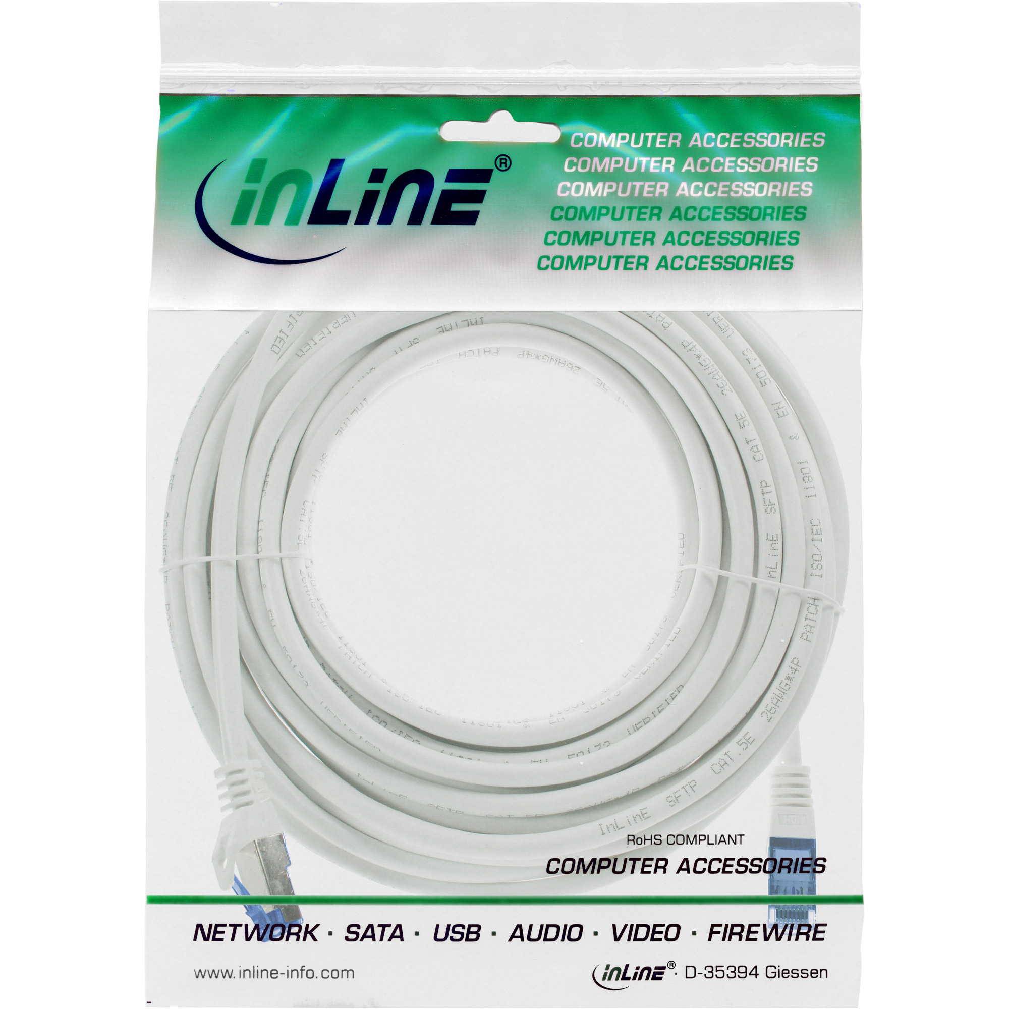 Câble blanc avec connecteurs, dans un sac plastique. Fond blanc. Logo 'inLine' et texte visible.