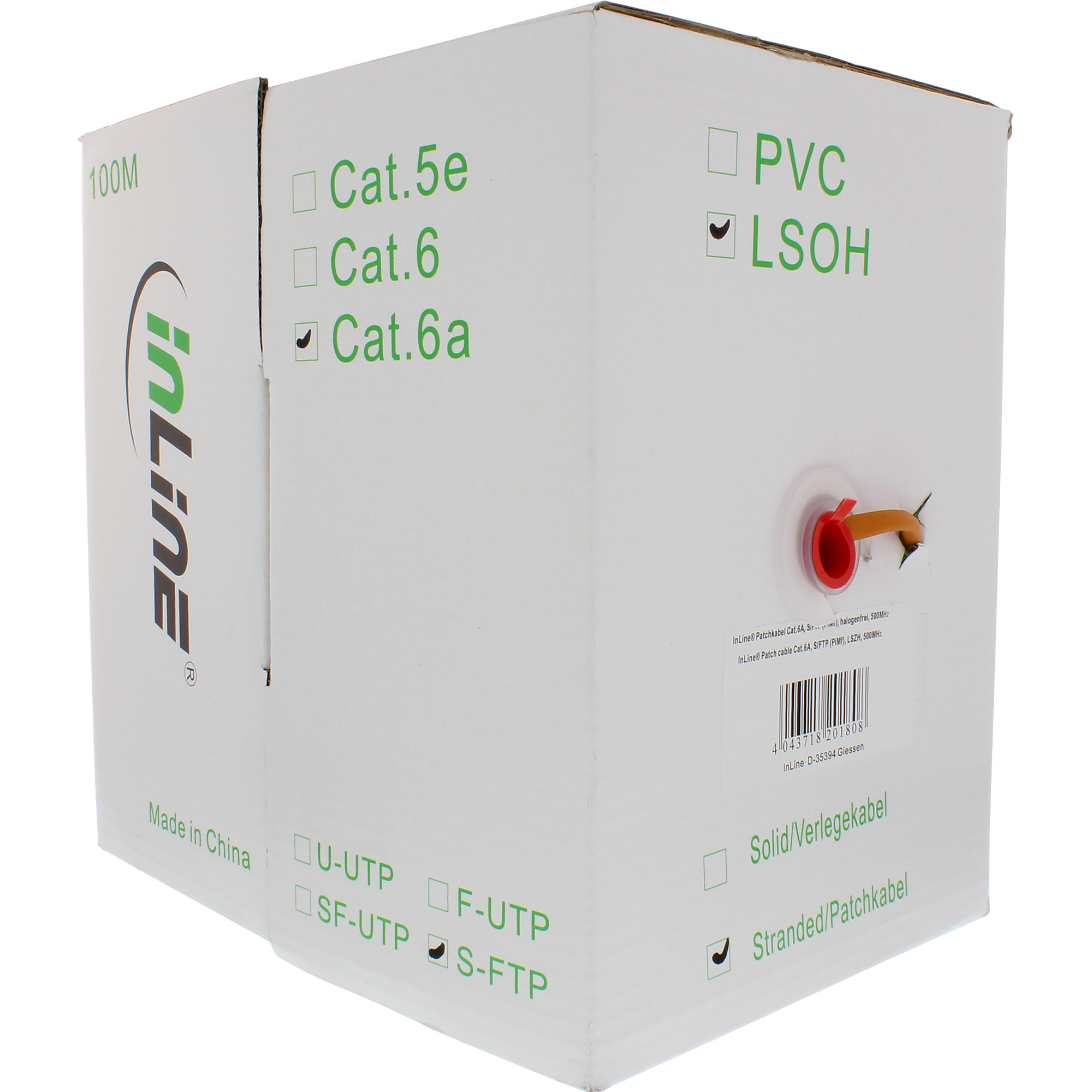 Scatola con logo inline, info prodotto e cavo. Sfondo bianco. Cavo esce dalla scatola. Testo in tedesco.