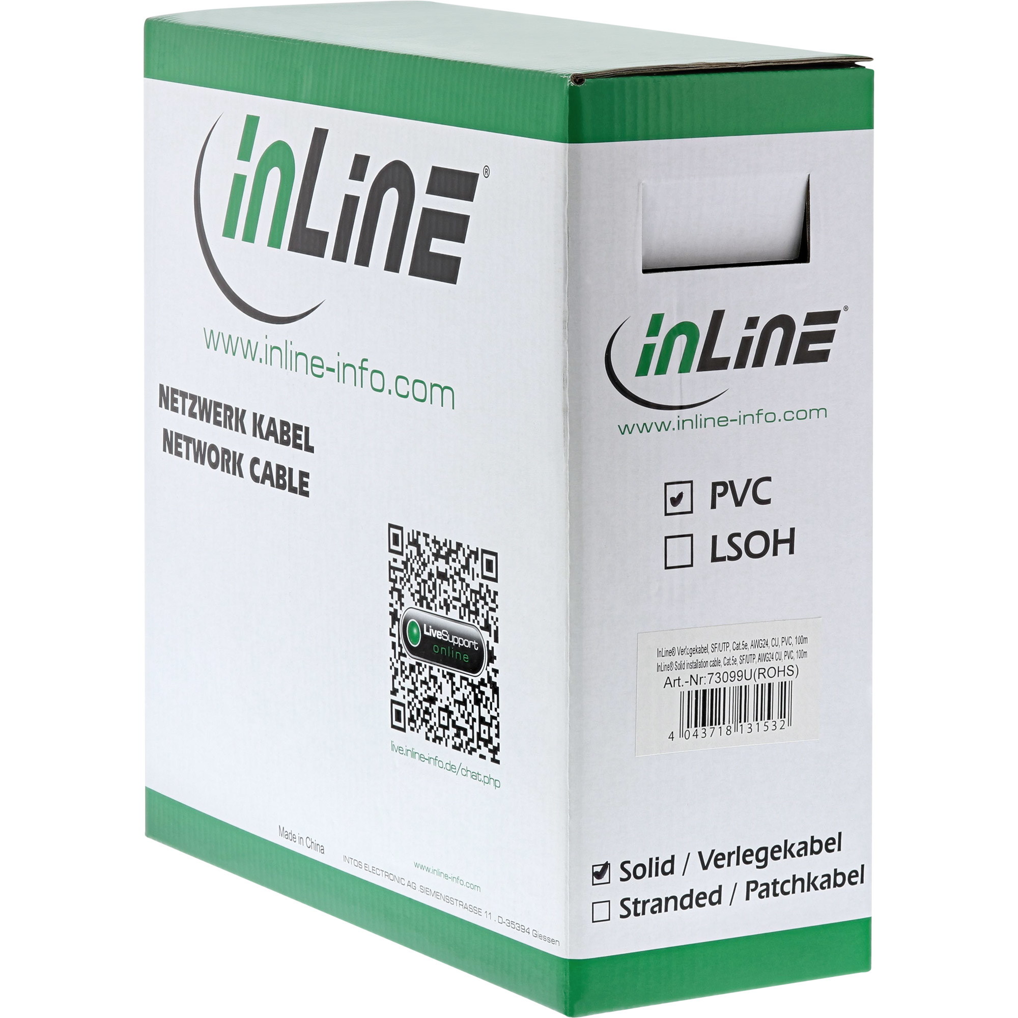 Doos met inline logo, productinformatie en QR-code. Witte achtergrond. Tekst in het Engels en Duits.