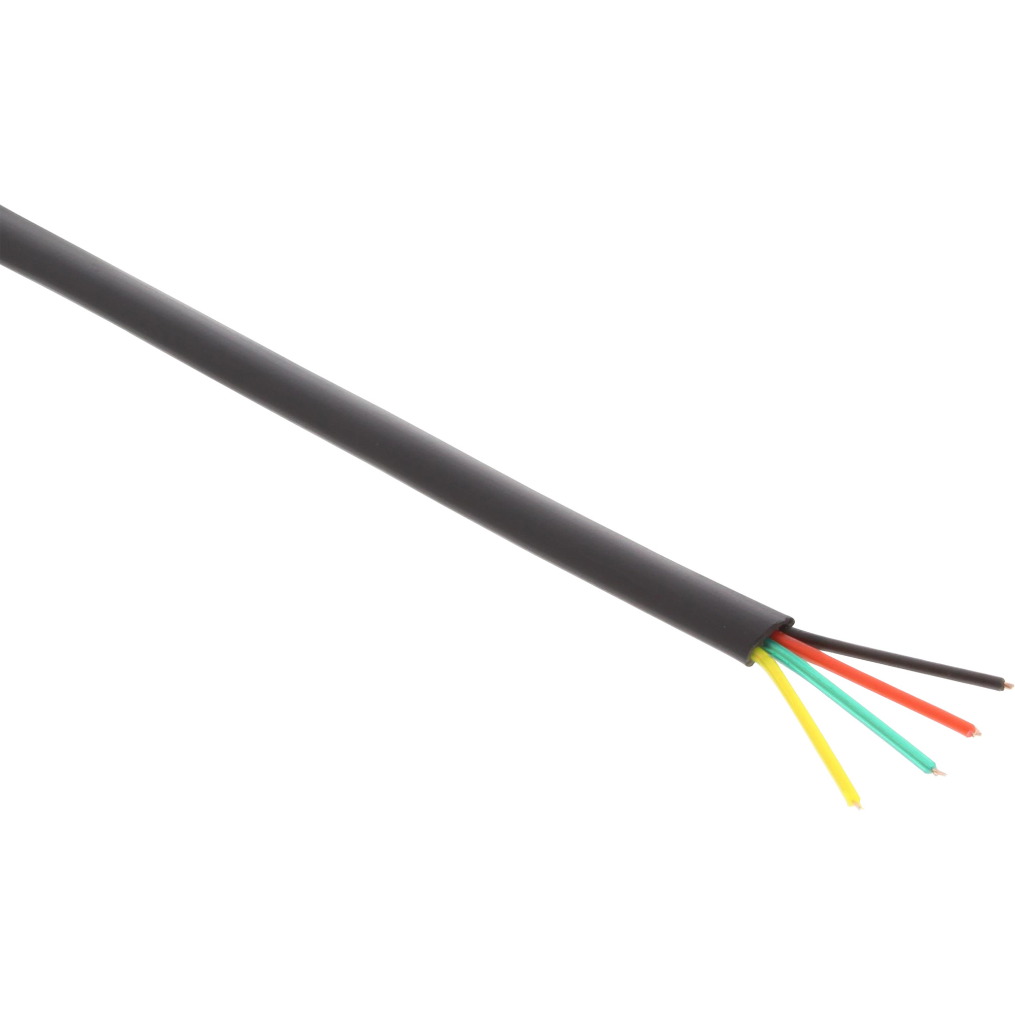 Ein schwarzes Kabel mit mehreren farbigen Drähten. Gelbe, rote, grüne und schwarze Drähte sind sichtbar.