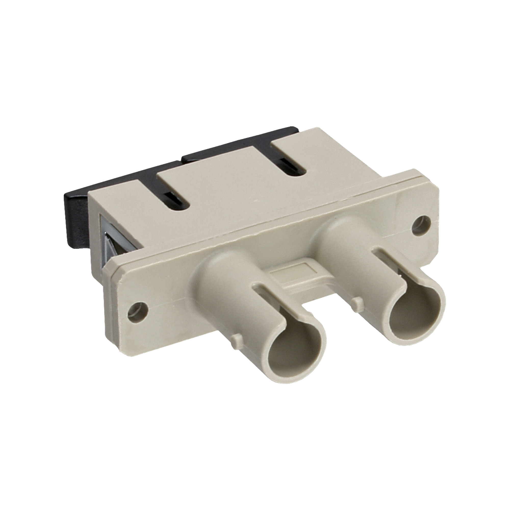 Beiger Glasfaseradapter mit zwei Anschlüssen. Schwarze Details. Weißer Hintergrund.
