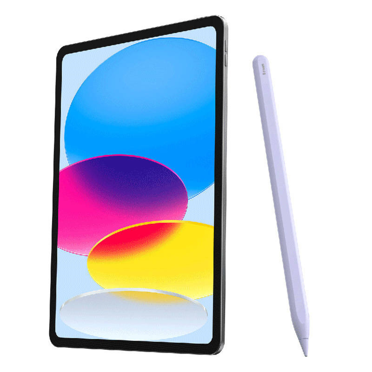 Tablet z niebieskim, różowym i żółtym tłem i białym rysikiem. Tablet ma czarną ramkę.