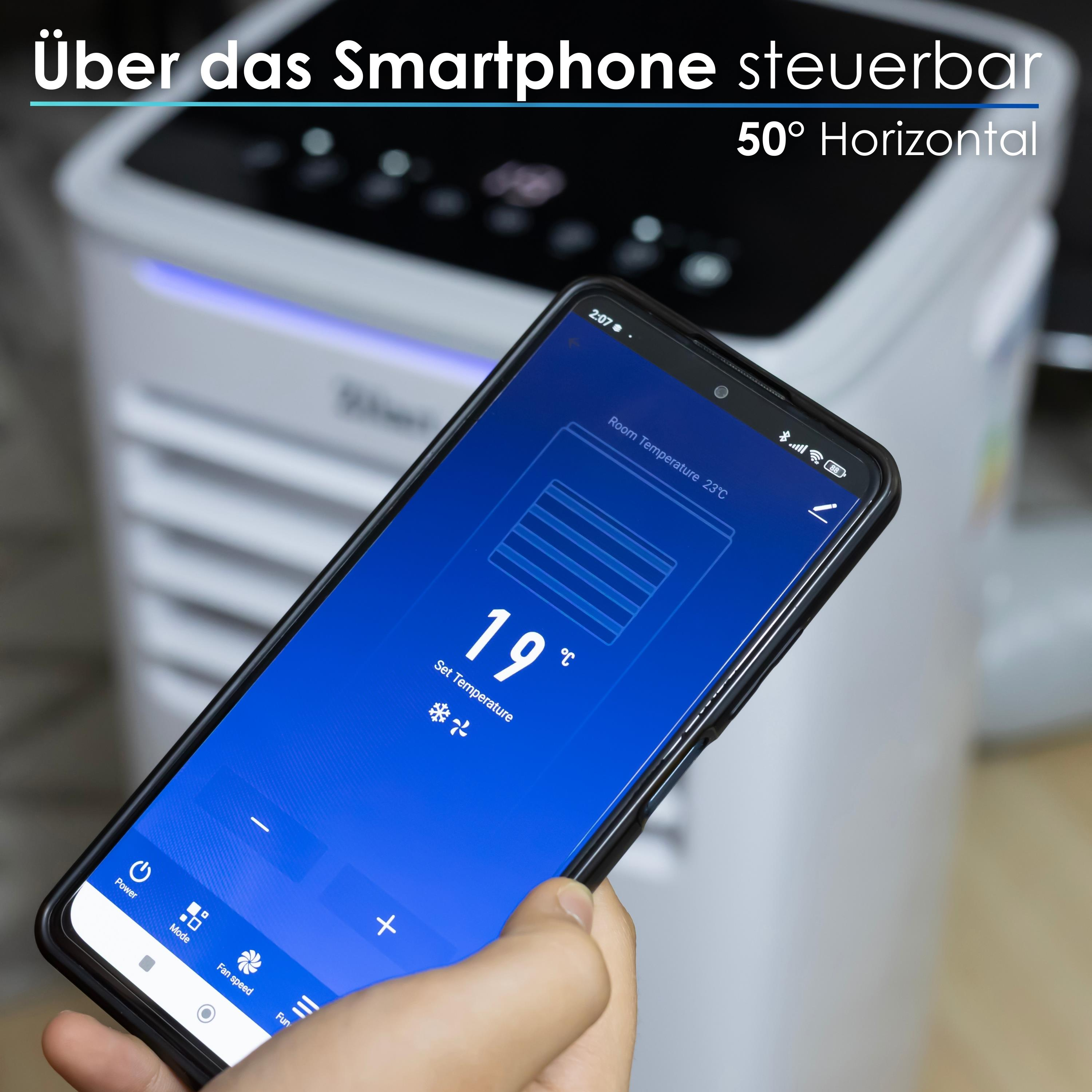 Eine Hand, die ein Smartphone hält, das eine intelligente Luftreiniger-Oberfläche anzeigt.
