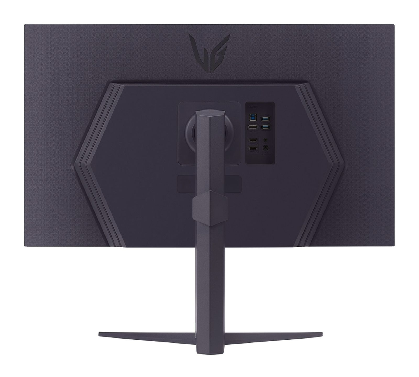 Tył ciemnoszarego monitora z kilkoma portami i podstawką.