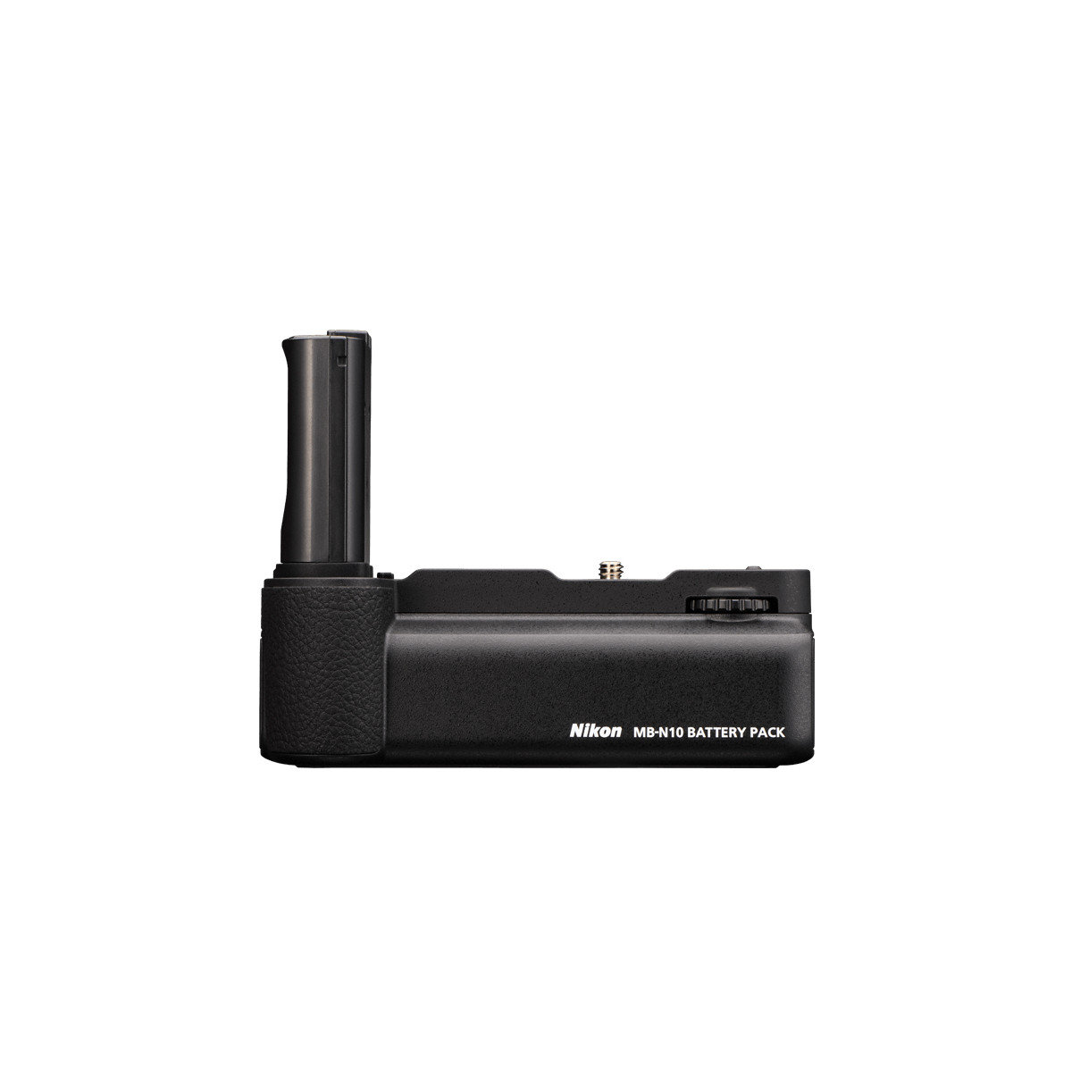 Ein schwarzes Nikon MB-N10 Akkupack für eine Kamera auf weißem Hintergrund.