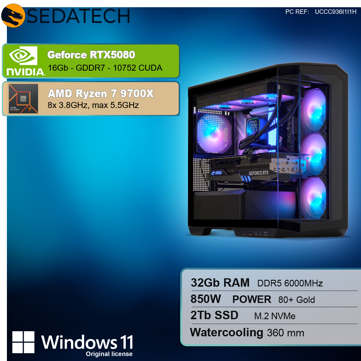 Gaming-PC mit aufgelisteten Komponenten. Blaue, lila Lichter im Gehäuse.