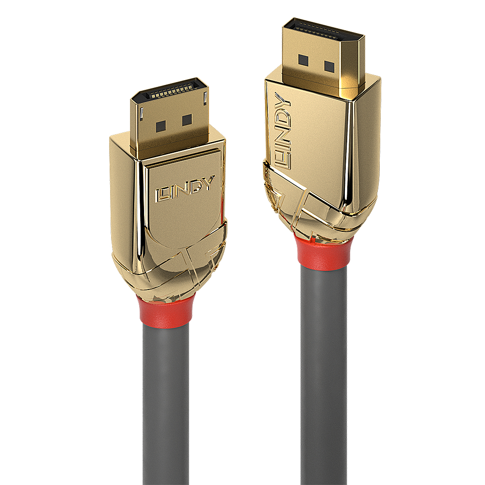 Deux câbles DisplayPort dorés avec des cordons gris. Accents rouges à la base. Fond blanc.