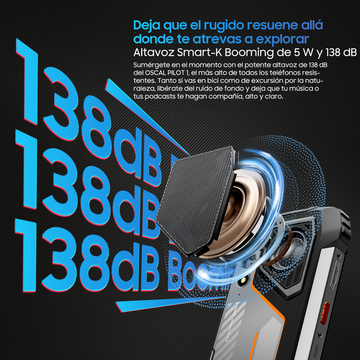 Altavoz con letras azules y un teléfono gris y negro.