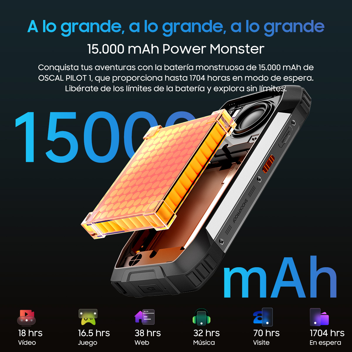 Teléfono negro con batería grande abierta. Texto: batería de 15000 mAh con tiempos de uso para video, web, etc.
