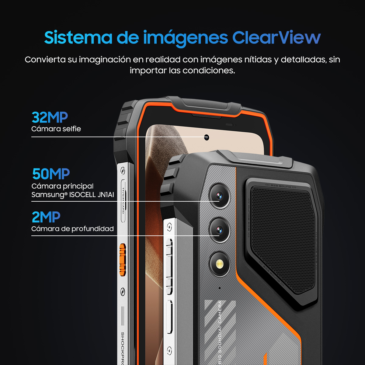 Un smartphone robusto con sistema de cámara ClearView, con múltiples cámaras y una funda protectora.