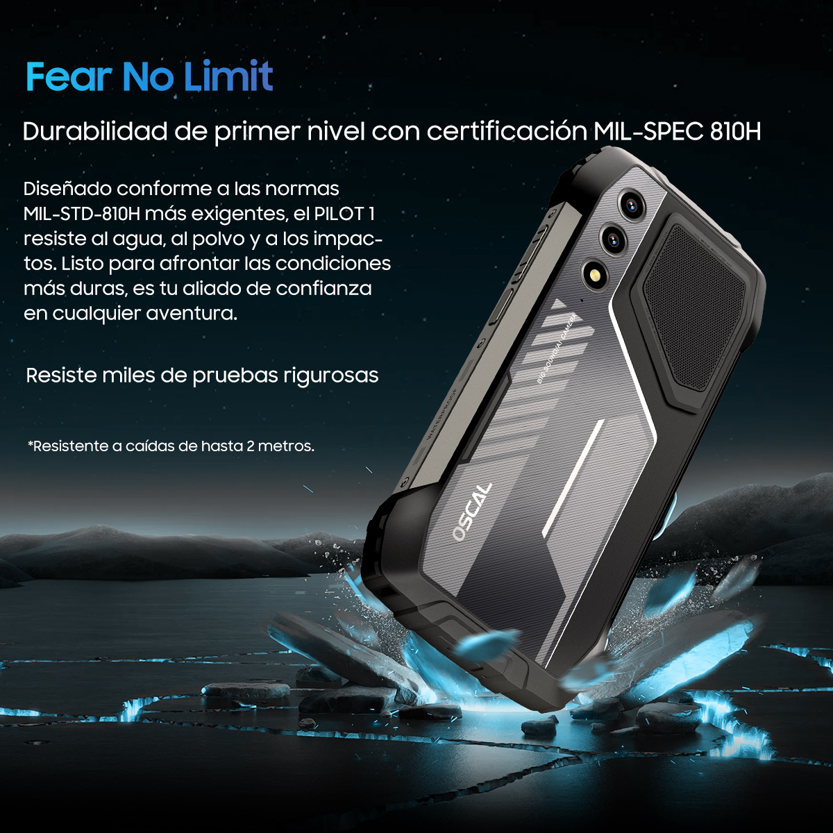 Funda protectora negra y gris para teléfono con diseño robusto, sobre un fondo de paisaje borroso.