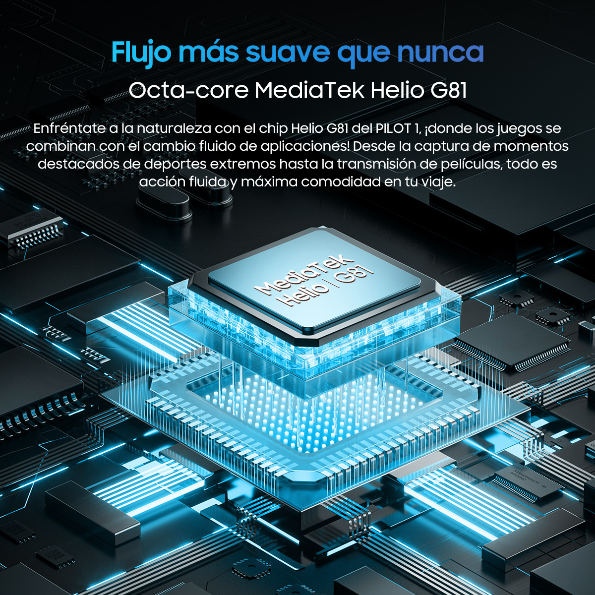 Placa de circuito azul con chip y texto sobre MediaTek.