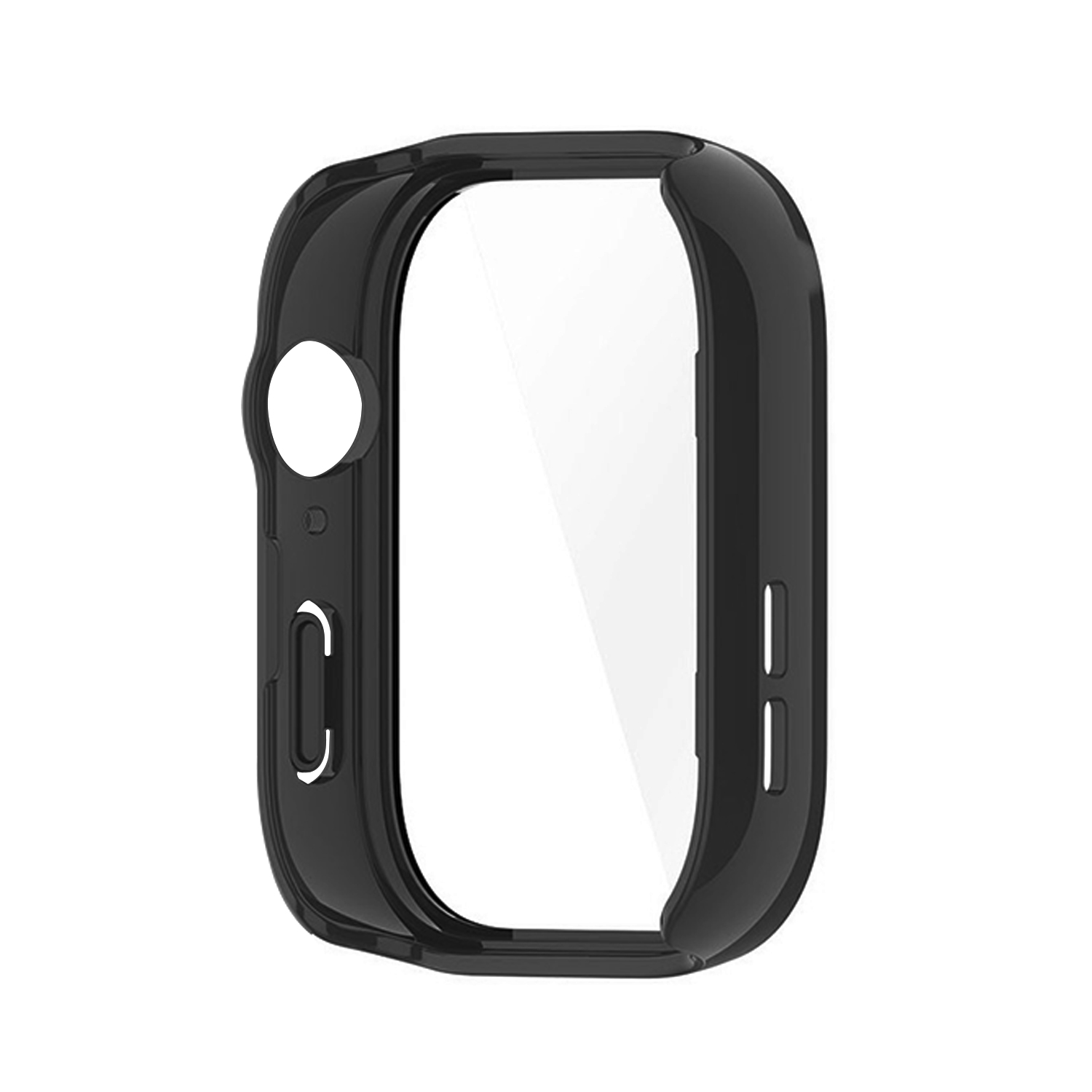 Czarna obudowa Apple Watch. Przezroczysta osłona ekranu. Czarna ramka. Otwory na przyciski i czujniki.