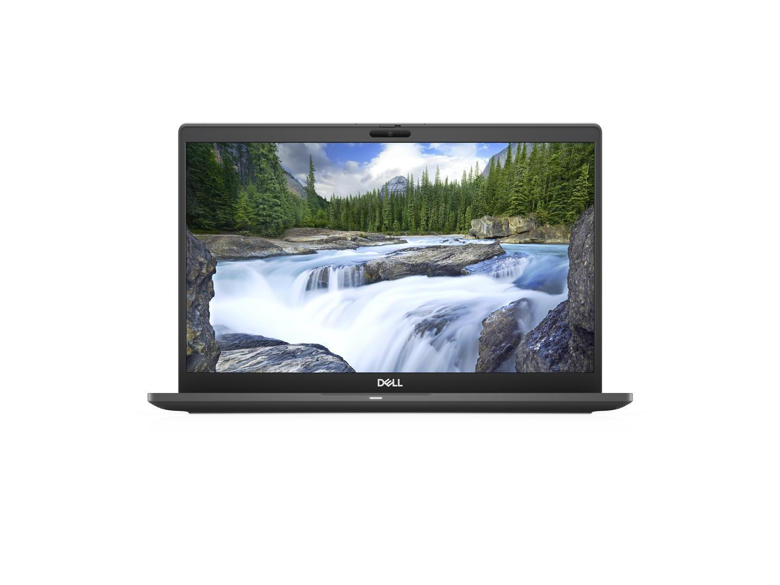 Ein eingeschalteter Dell-Laptop, der eine malerische Wasserfall- und Waldlandschaft zeigt.