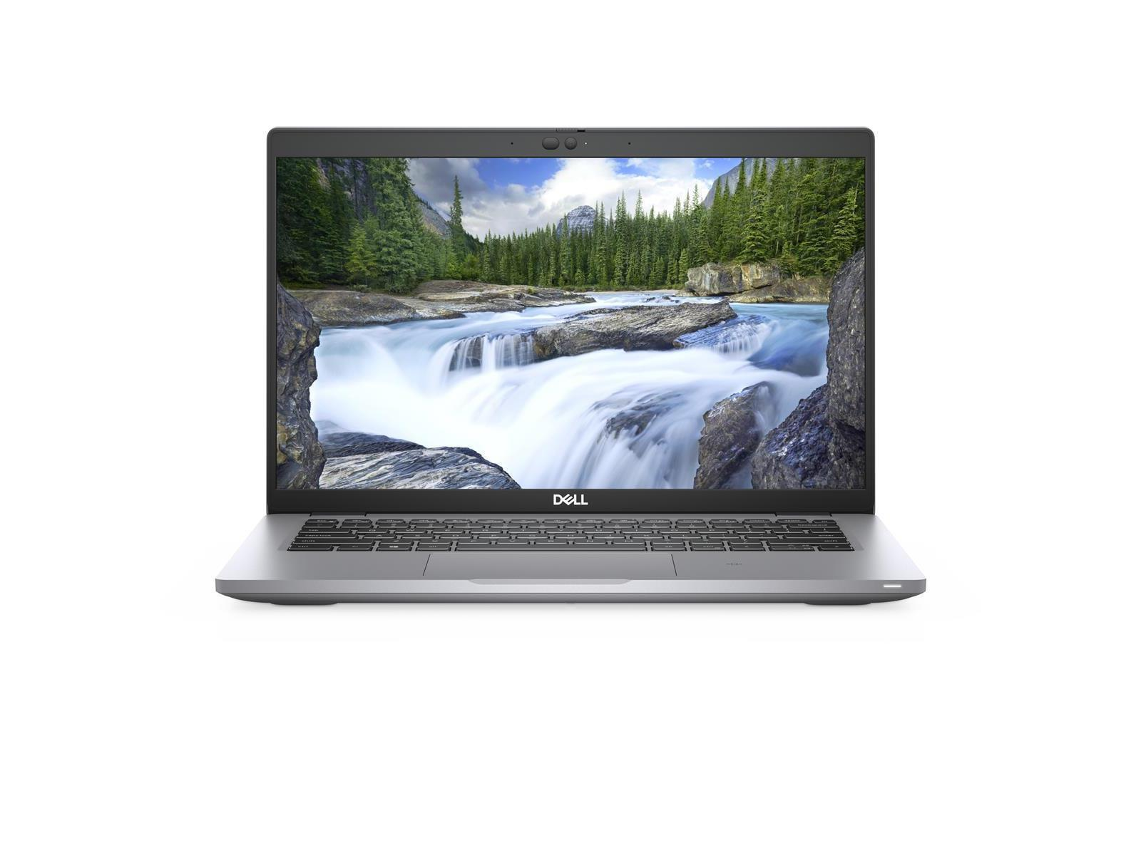 Laptop mit Bildschirm, der eine Wasserfalllandschaft zeigt. Weißer Hintergrund.