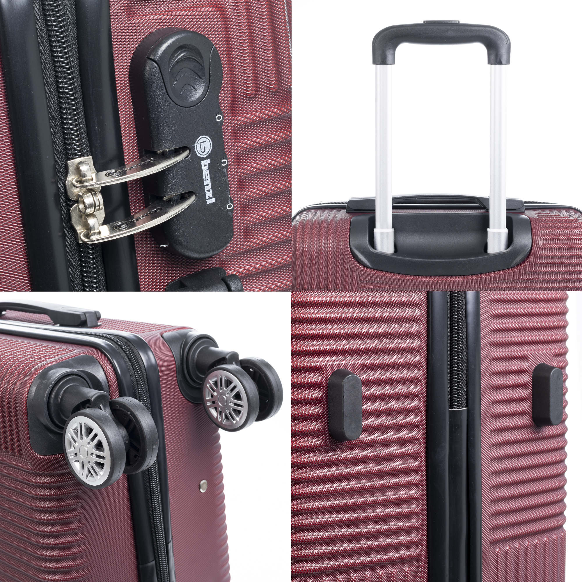 Primer plano de una maleta roja que muestra la cerradura, el asa, las ruedas y otros detalles.