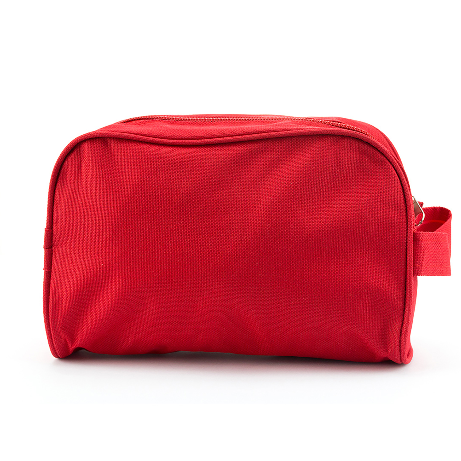 Rote rechteckige Kosmetiktasche mit Reißverschluss und Griff. Sie befindet sich auf weißem Hintergrund.