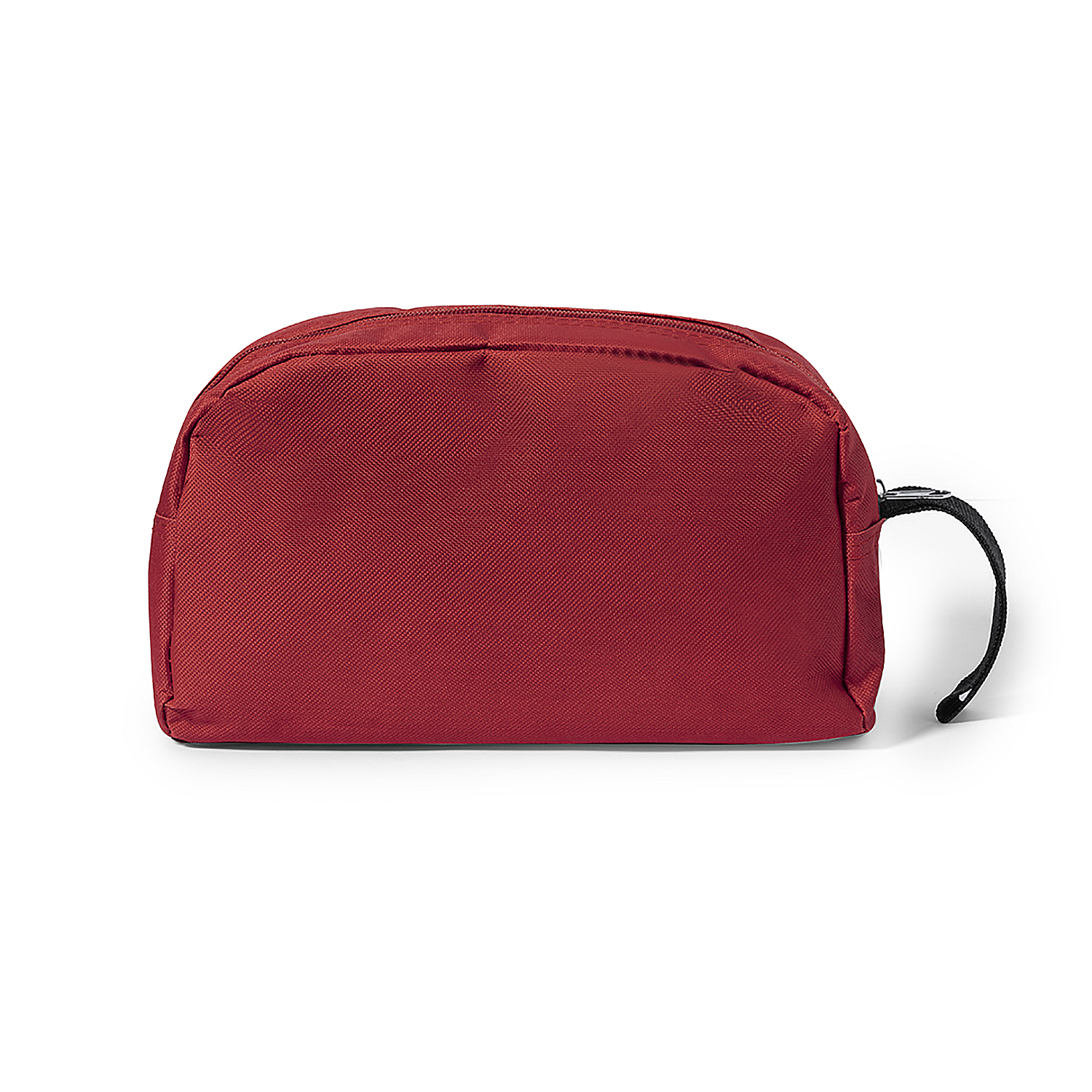 Eine rote Kosmetiktasche mit schwarzem Griff auf weißem Hintergrund.