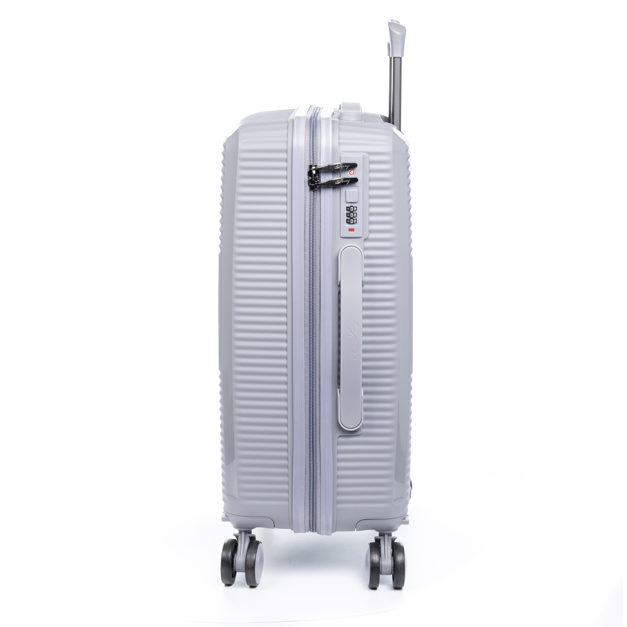 Una maleta gris sobre blanco. Tiene un asa y una cerradura de combinación en el lateral.