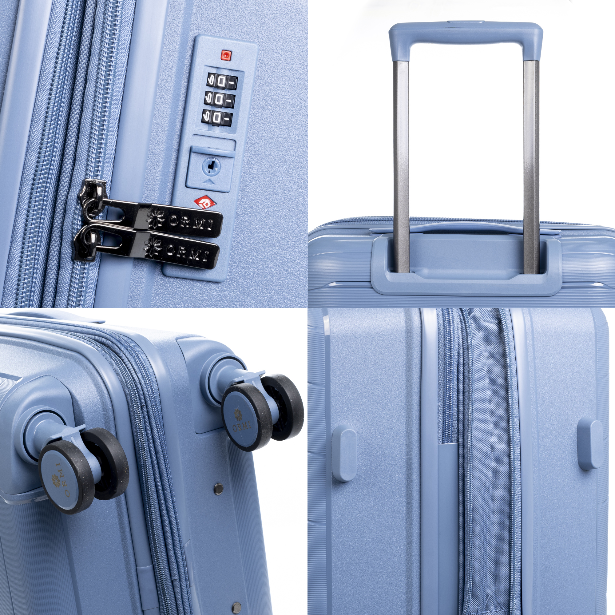 Primer plano de una maleta azul con múltiples detalles.
