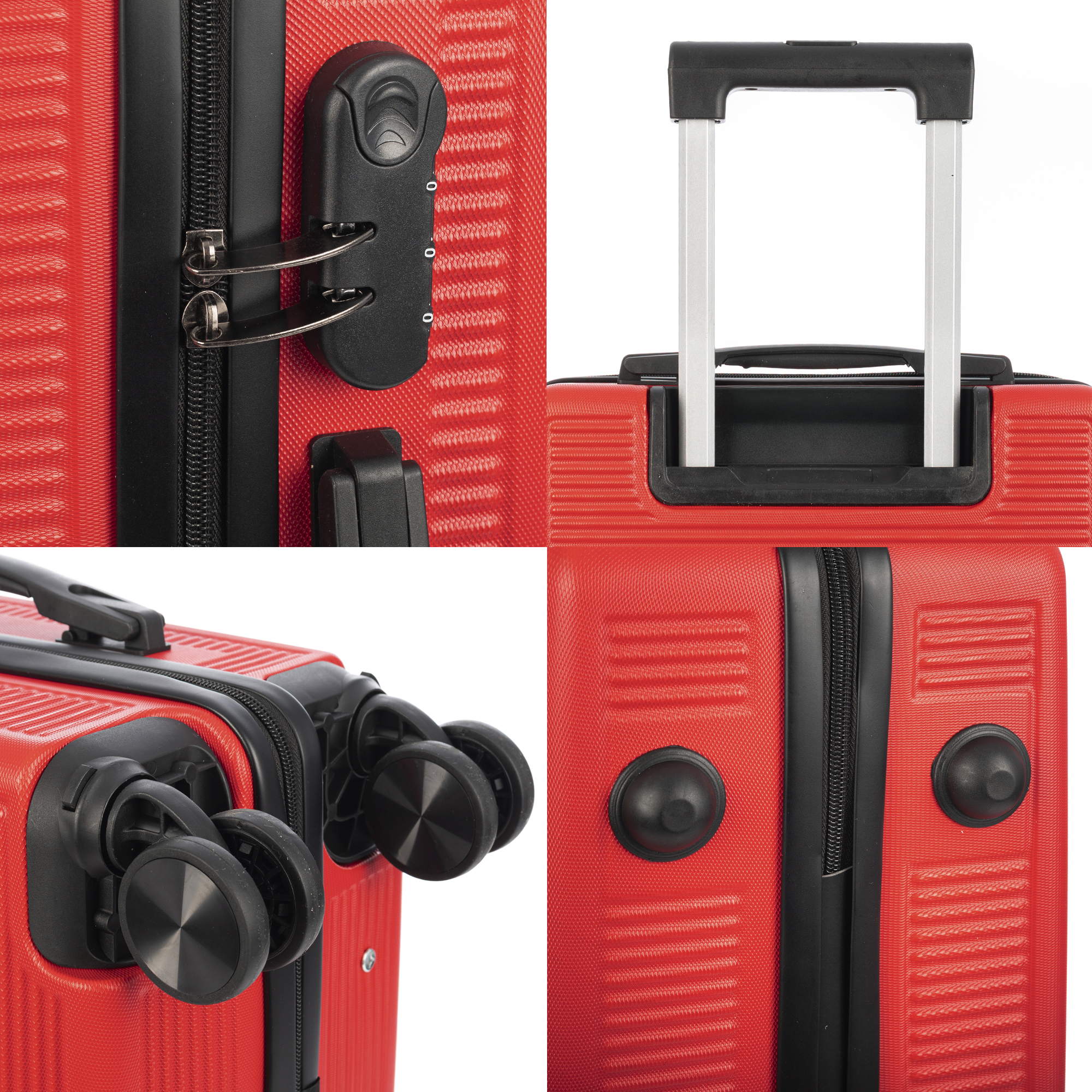 Maleta roja con detalles del asa, cerradura y ruedas.