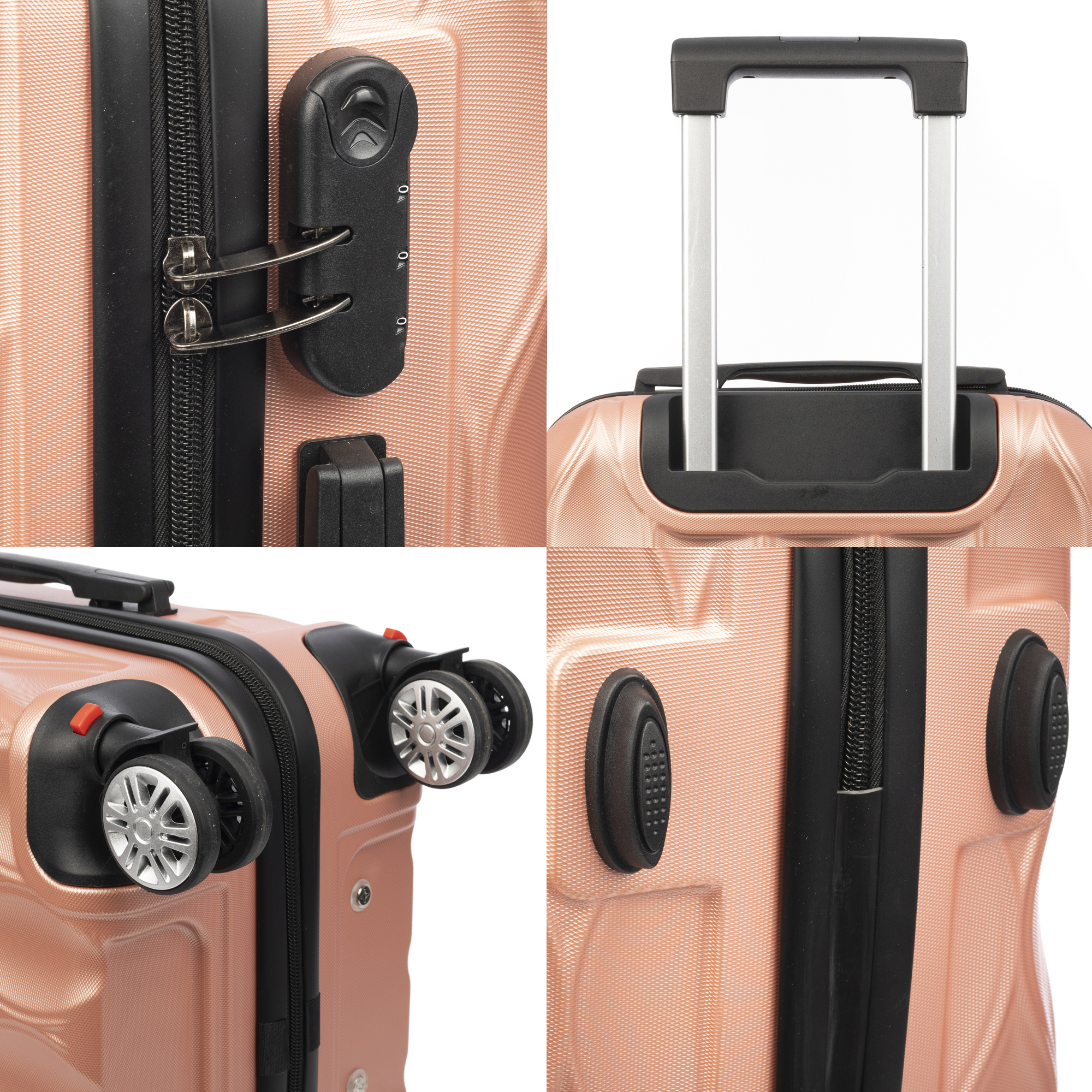 Primeros planos de una maleta de oro rosa. Los detalles incluyen una cerradura, asa, ruedas y botones laterales. La maleta es rosa.