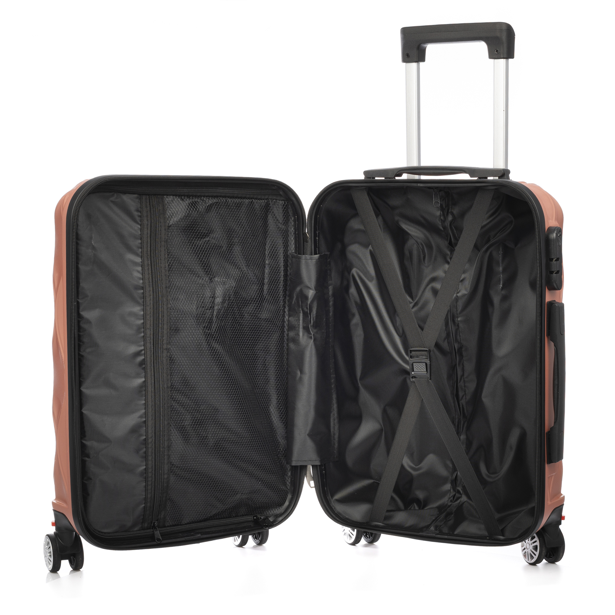 Equipaje abierto con interior negro, exterior naranja y asa retráctil.