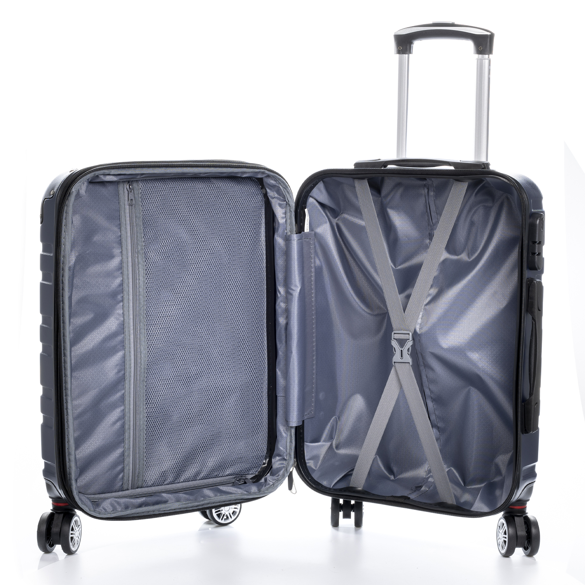 Offener Koffer mit grauem Innenraum, Gurten und einer Reißverschluss-Netztasche.