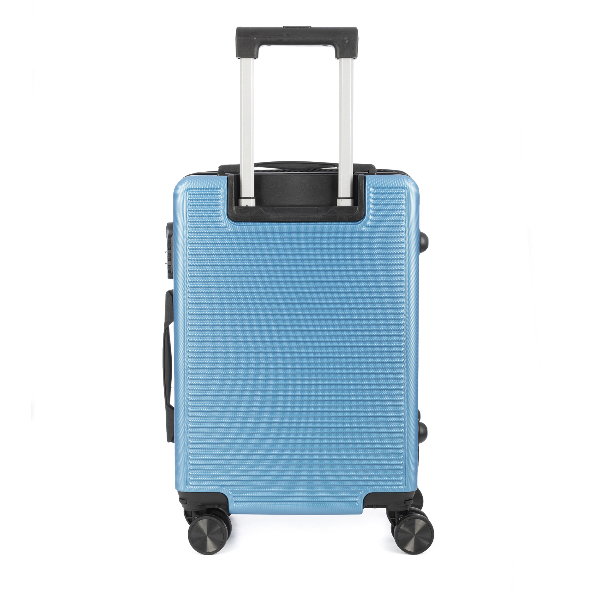 Ein blauer Koffer mit Griff und Rollen auf weißem Hintergrund.