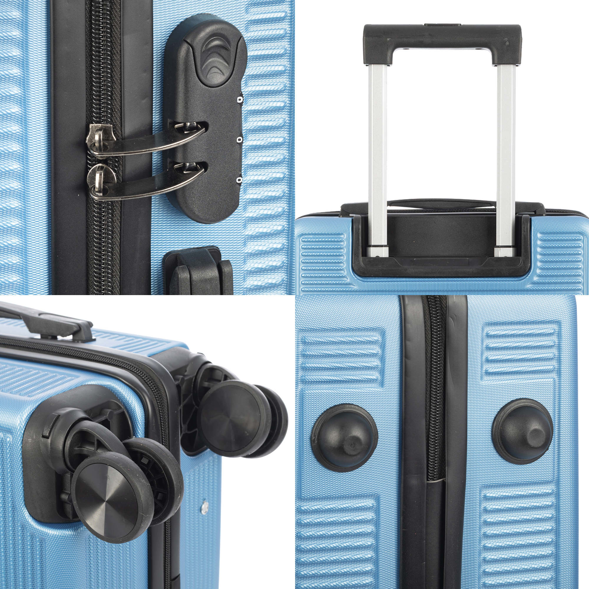 Nahaufnahmen von Details eines blauen Koffers: Schlösser, Griff, Räder und Oberflächenstruktur.