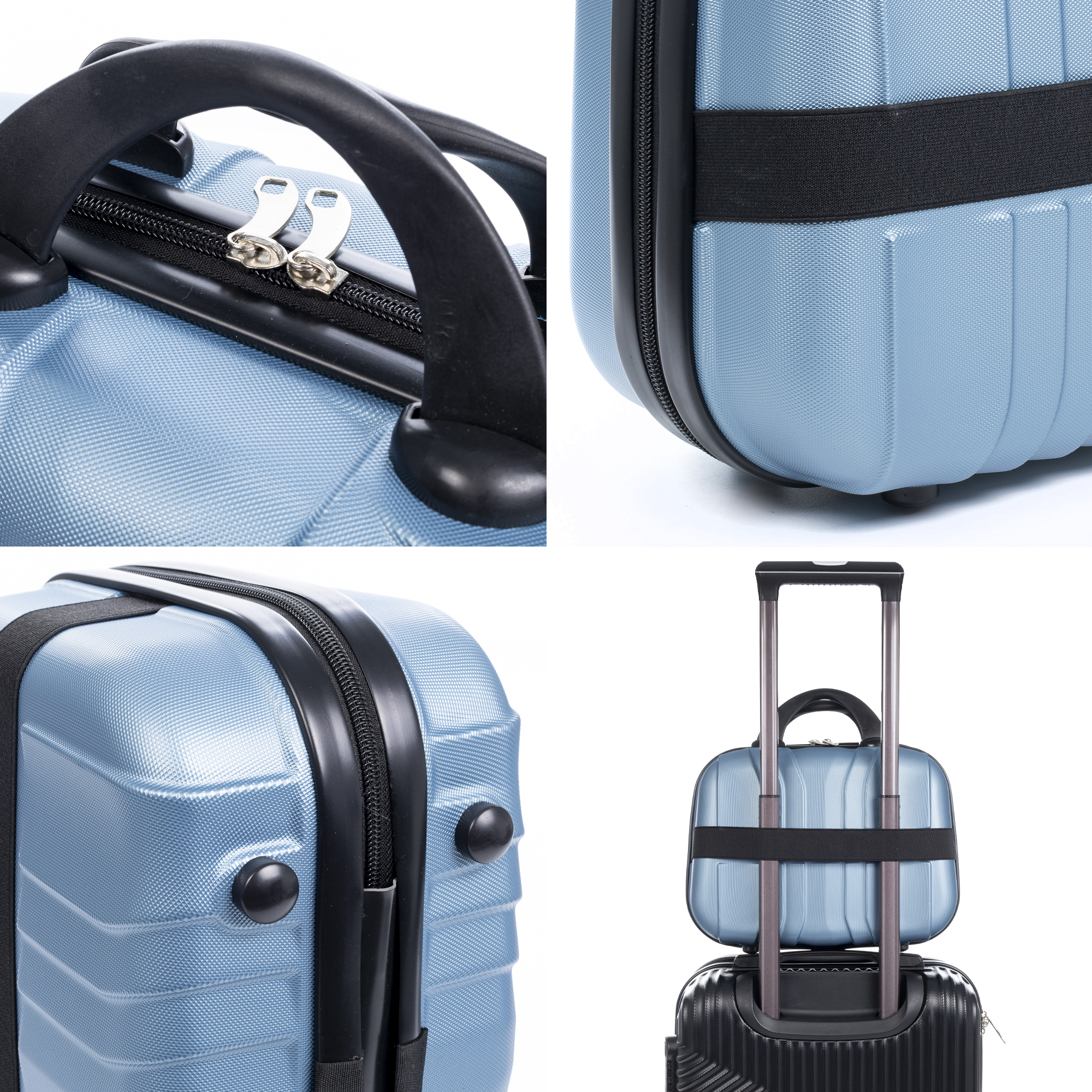 Nahaufnahme von Gepäckdetails: Griff, Reißverschluss, Seitenansicht. Blaue Tasche und schwarze Tasche.