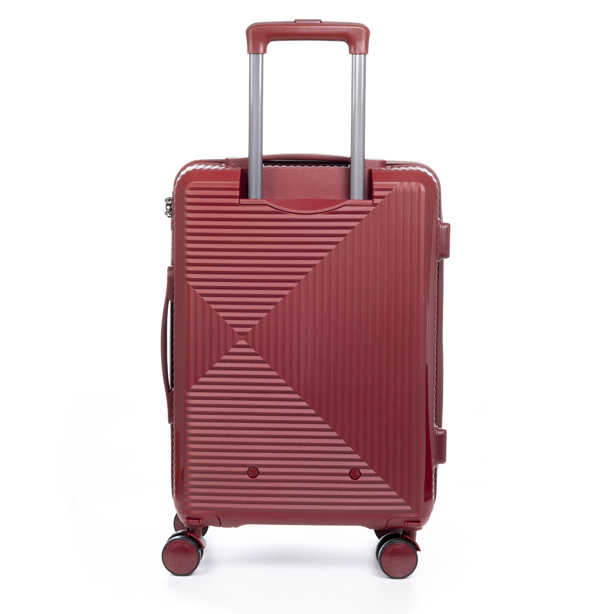 Maleta roja con asa retráctil y ruedas. El frente tiene un diseño geométrico y texturizado.