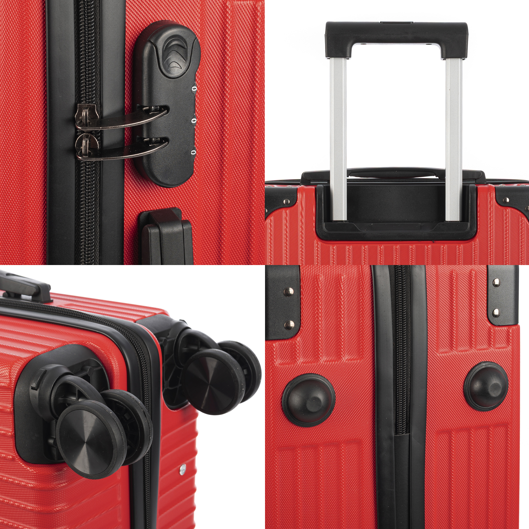 Primeros planos de una maleta roja que muestran detalles como cerraduras, asa y ruedas.