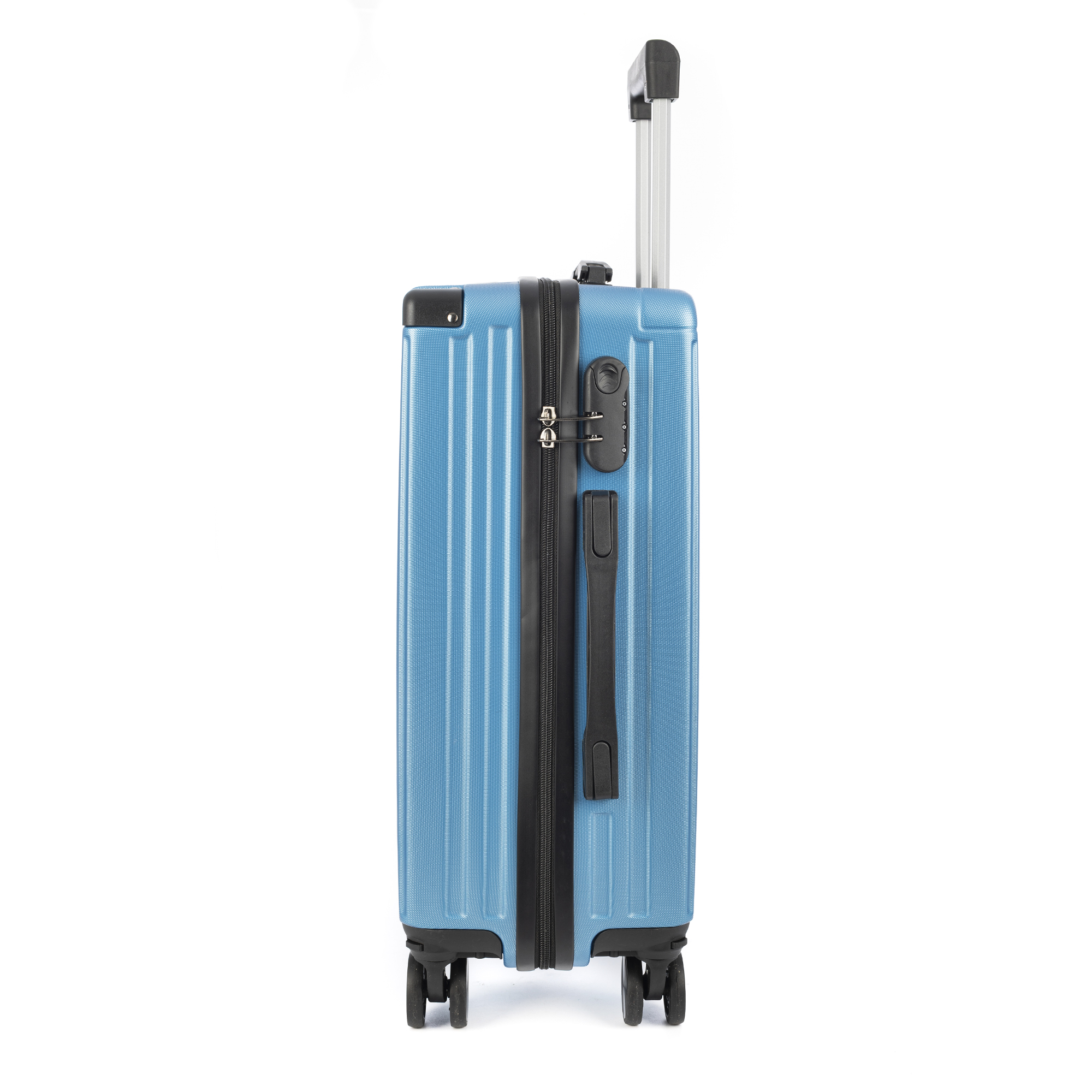 Una maleta azul con asa negra y cerradura de combinación, vista de lado.