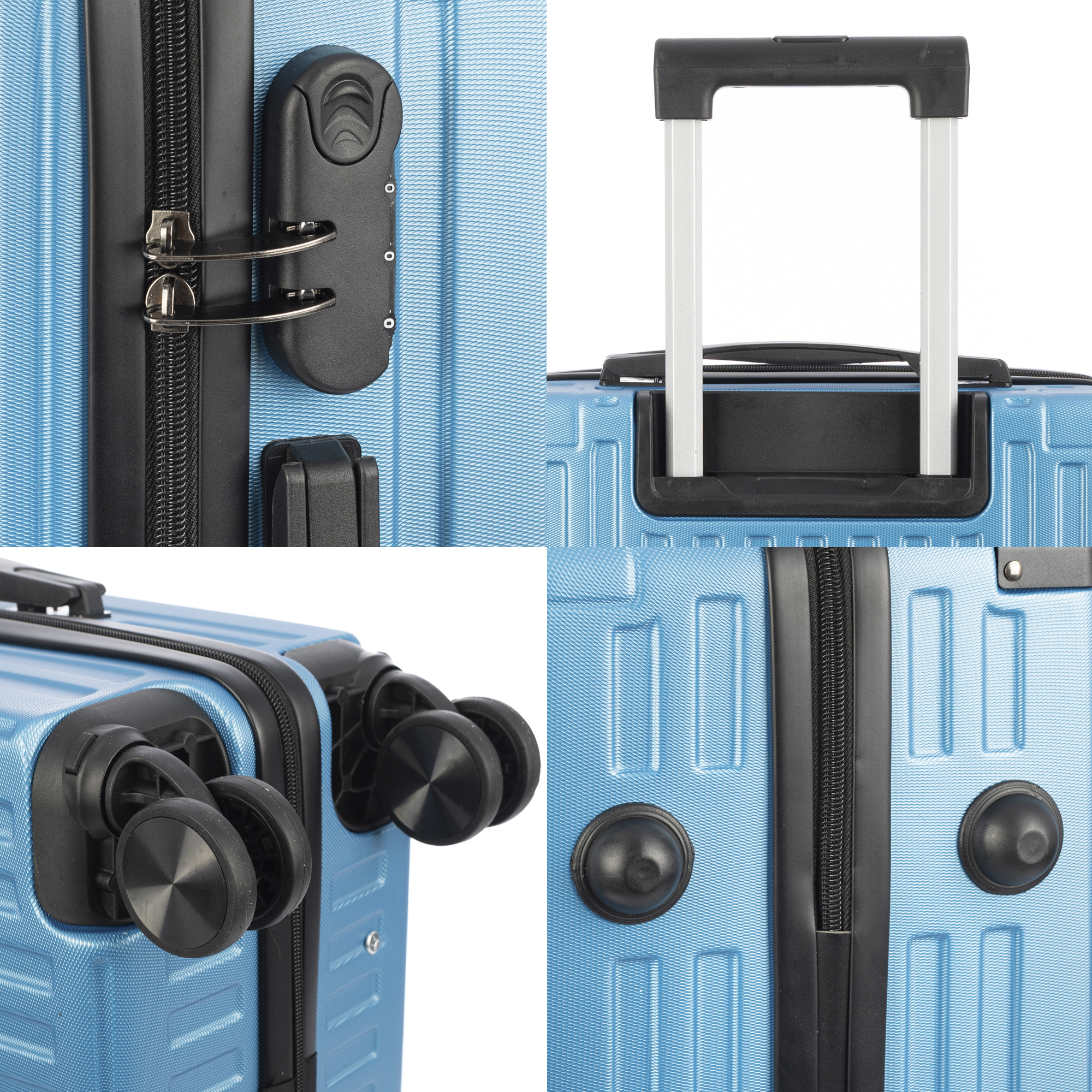 Nahaufnahme eines blauen Koffers mit Details.
