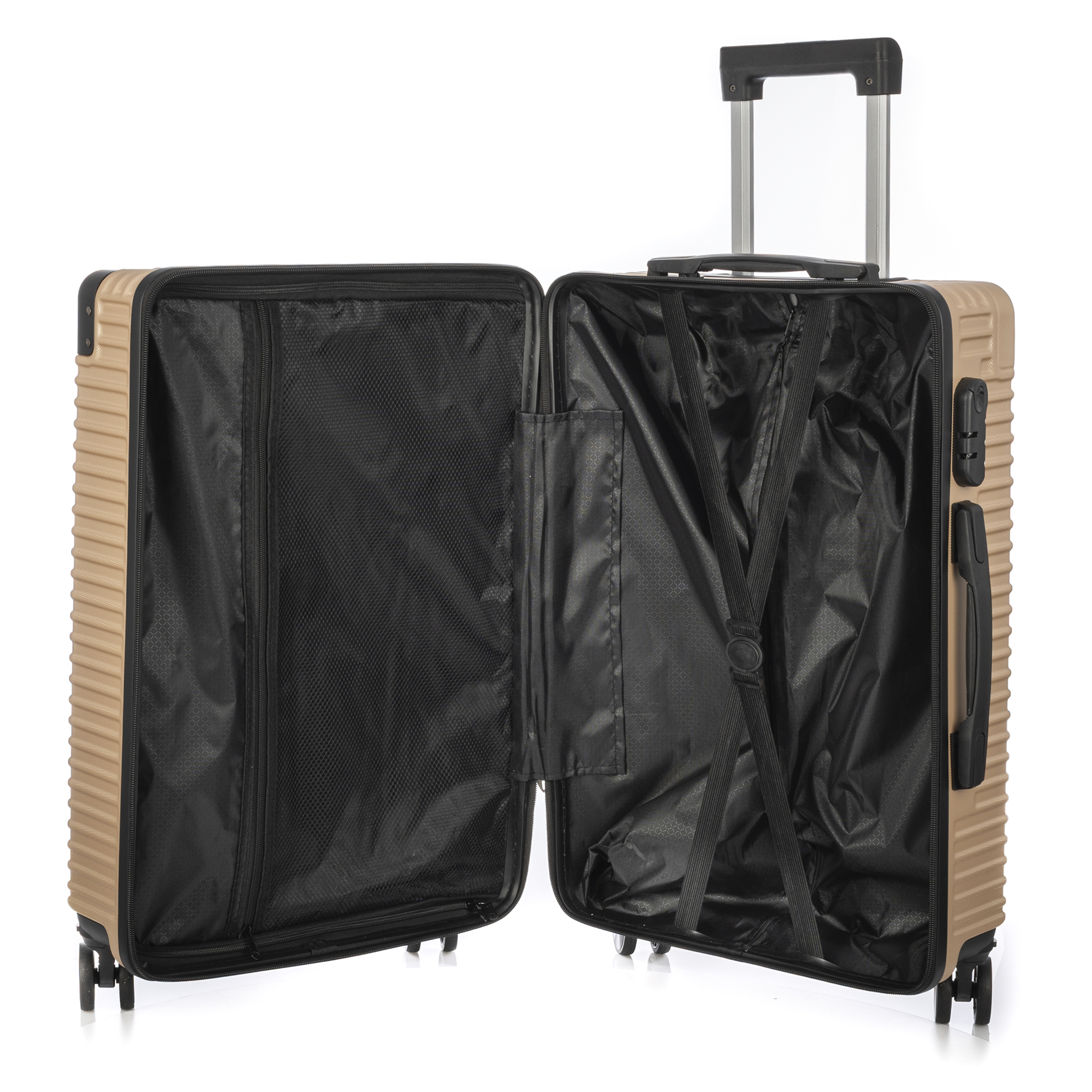 Valigia beige aperta, che rivela un interno nero con cinghie e tasche, maniglia visibile.