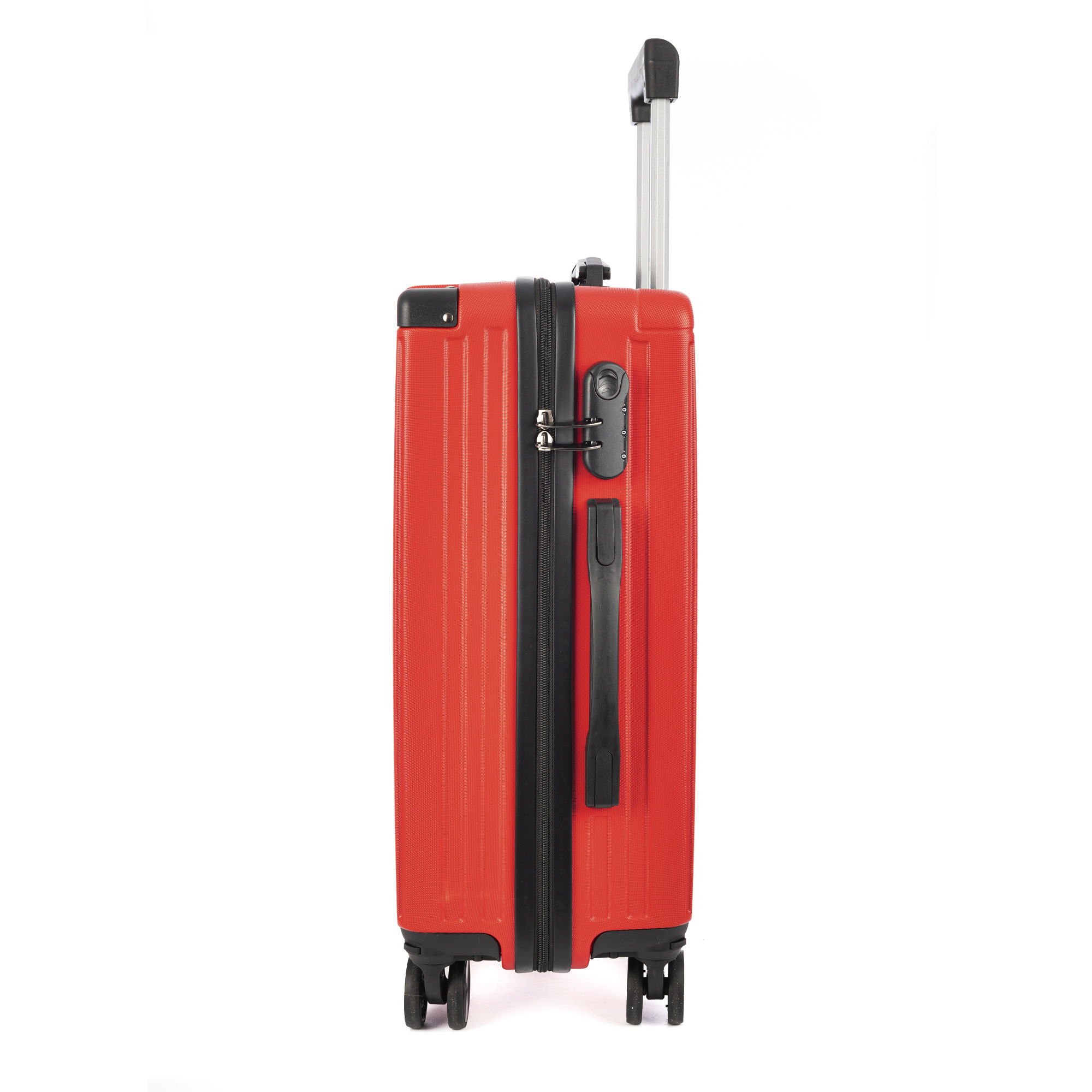 Maleta roja con detalles negros, cerradura de combinación y asa. Fondo blanco.