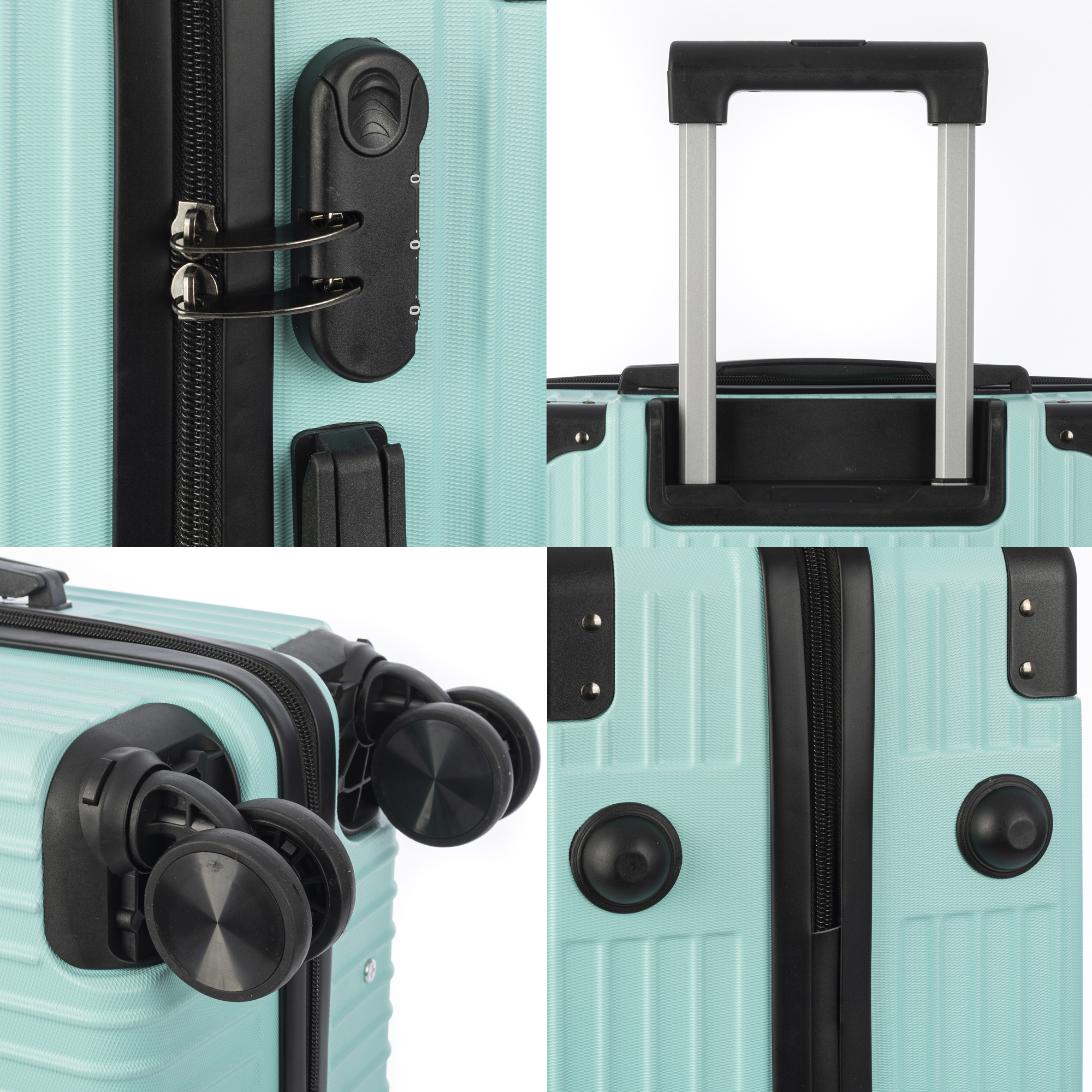 Primer plano de detalles de maleta: cerradura, asa, ruedas y cremallera. Color turquesa. Fondo blanco.