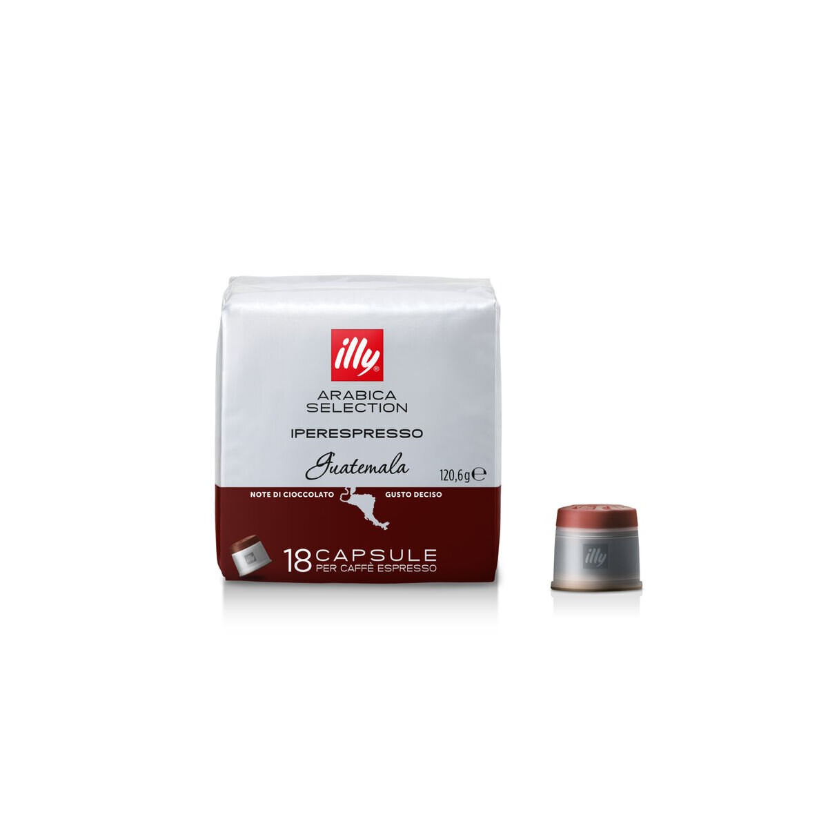 Illy Kaffeekapseln-Packung und eine einzelne Kapsel, weißer Hintergrund.