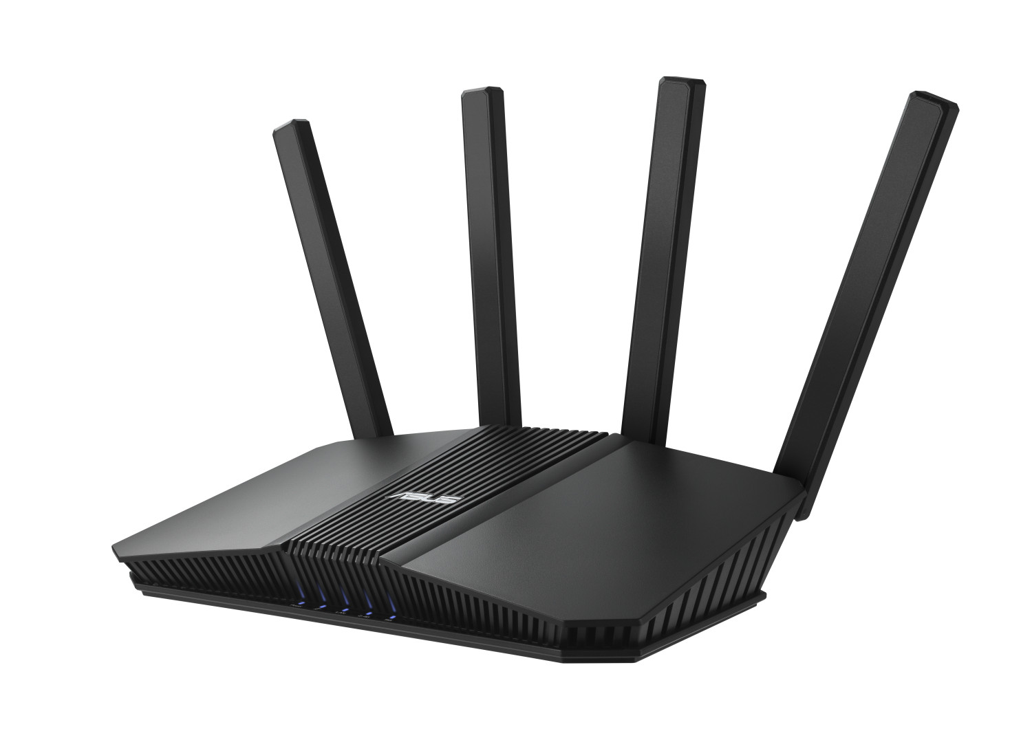 Beyaz bir arka plan üzerinde dört antenli siyah ASUS yönlendirici.