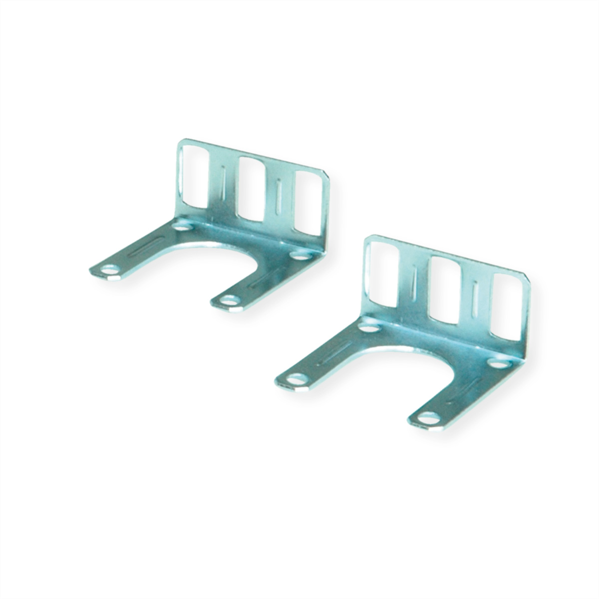 Dwa srebrne metalowe wsporniki na białym tle.