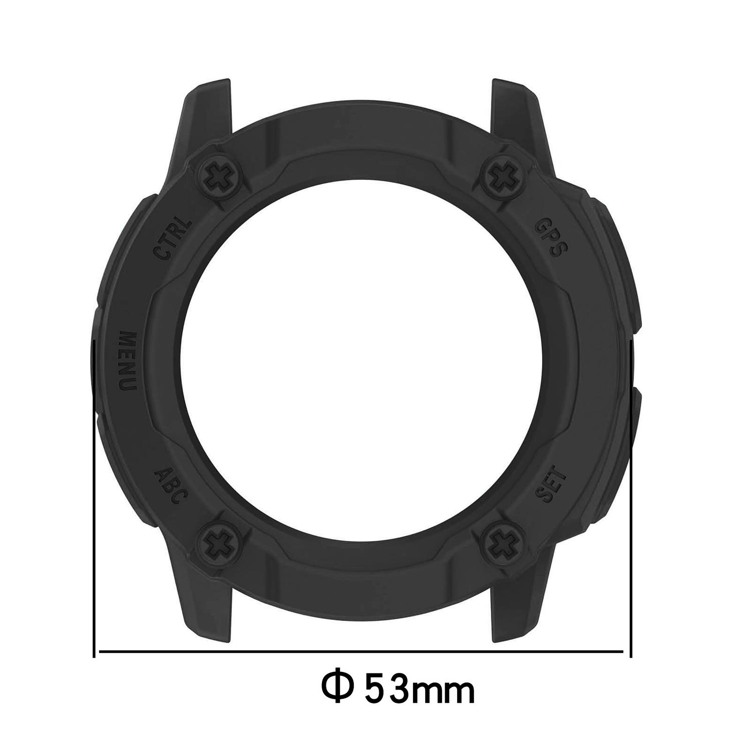 Czarna ramka zegarka z etykietami: CTRL, MENU, ABC, SET, GPS. Zaznaczono średnicę 53 mm.