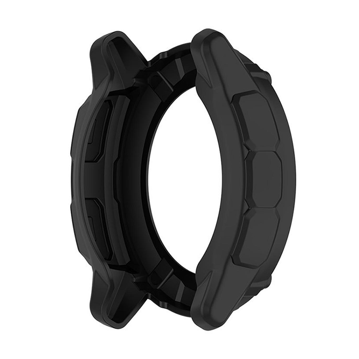 Czarna ramka zegarka. Dwie części są rozdzielone, pokazując wnętrze. Ma kształt koła.