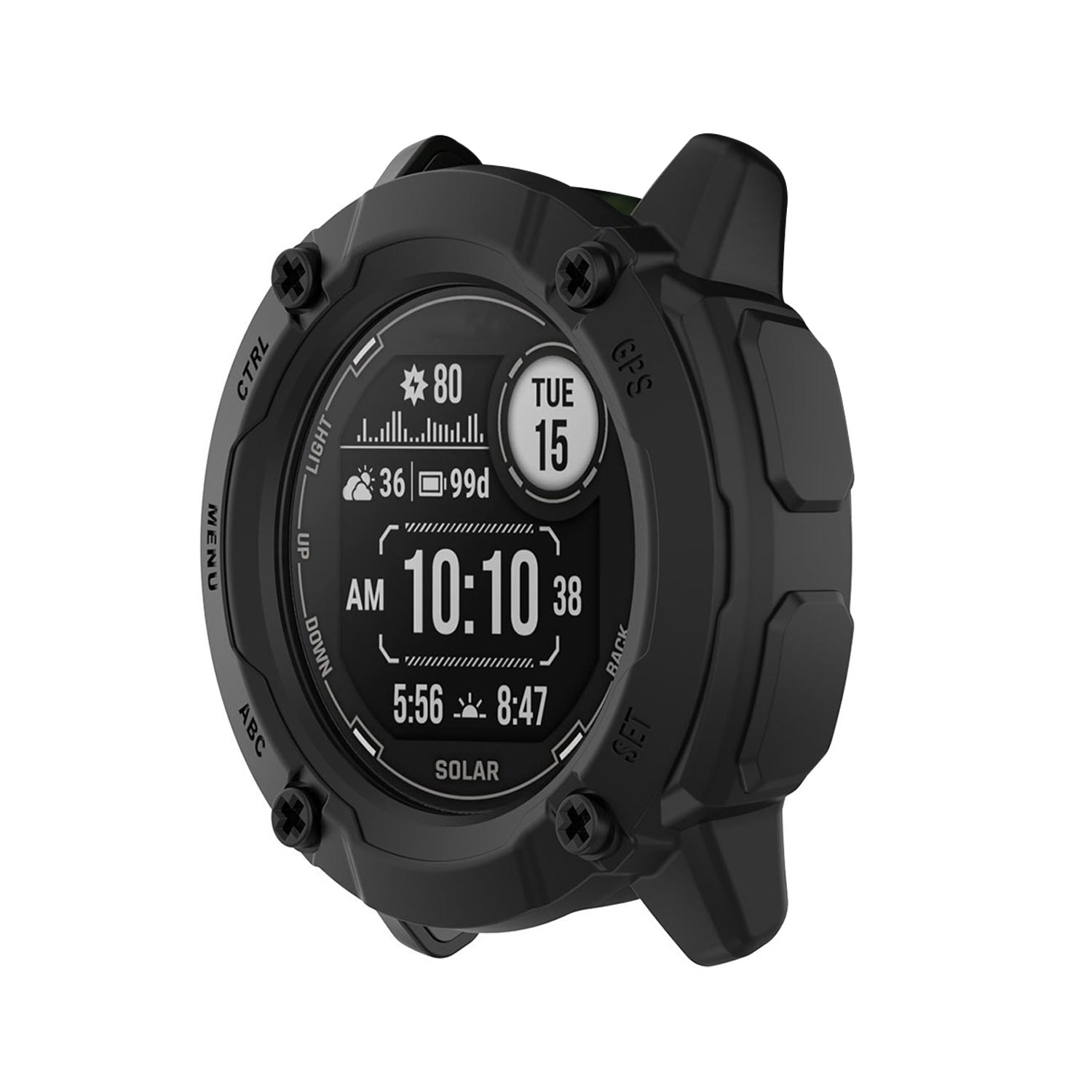 Czarny smartwatch. Wyświetlacz pokazuje godzinę, datę i inne dane. Ramka jest czarna.