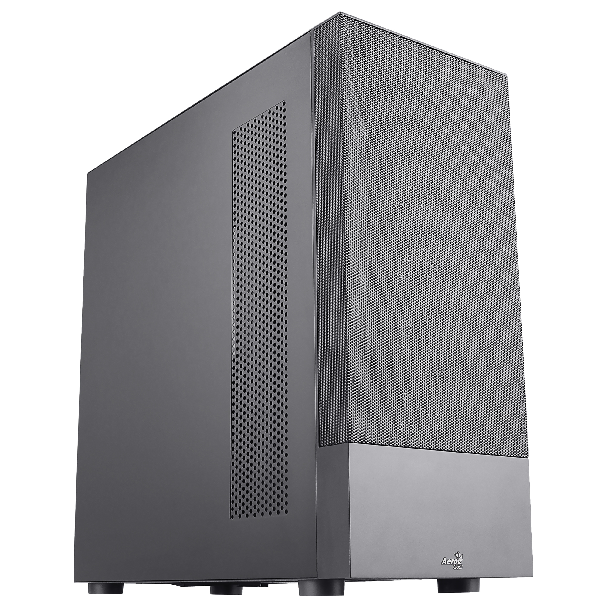 Un case per computer con un pannello frontale a rete e prese d'aria laterali.