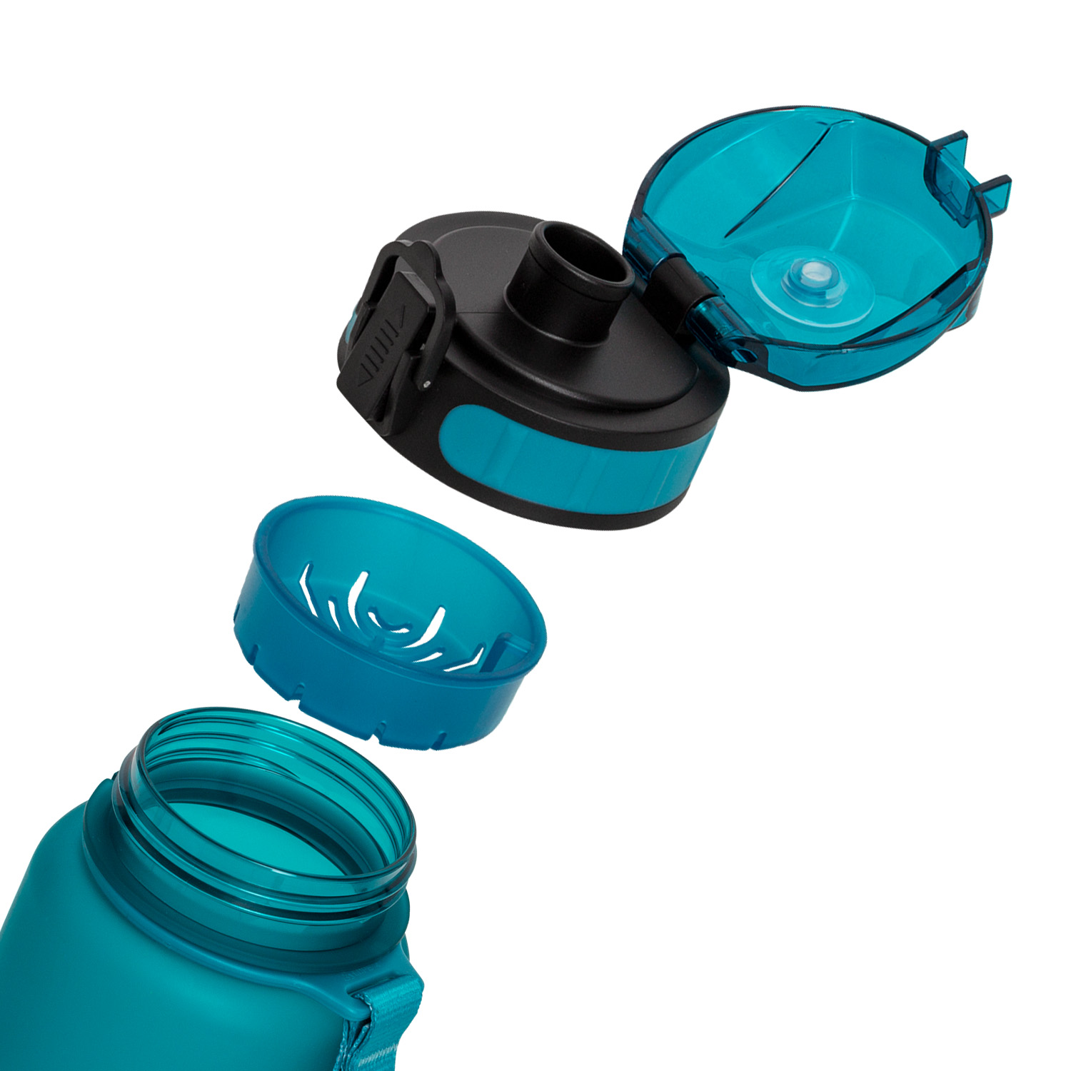 Türkisgrüne Wasserflasche zerlegt, Deckel, Filter und Flaschenteile zeigend.