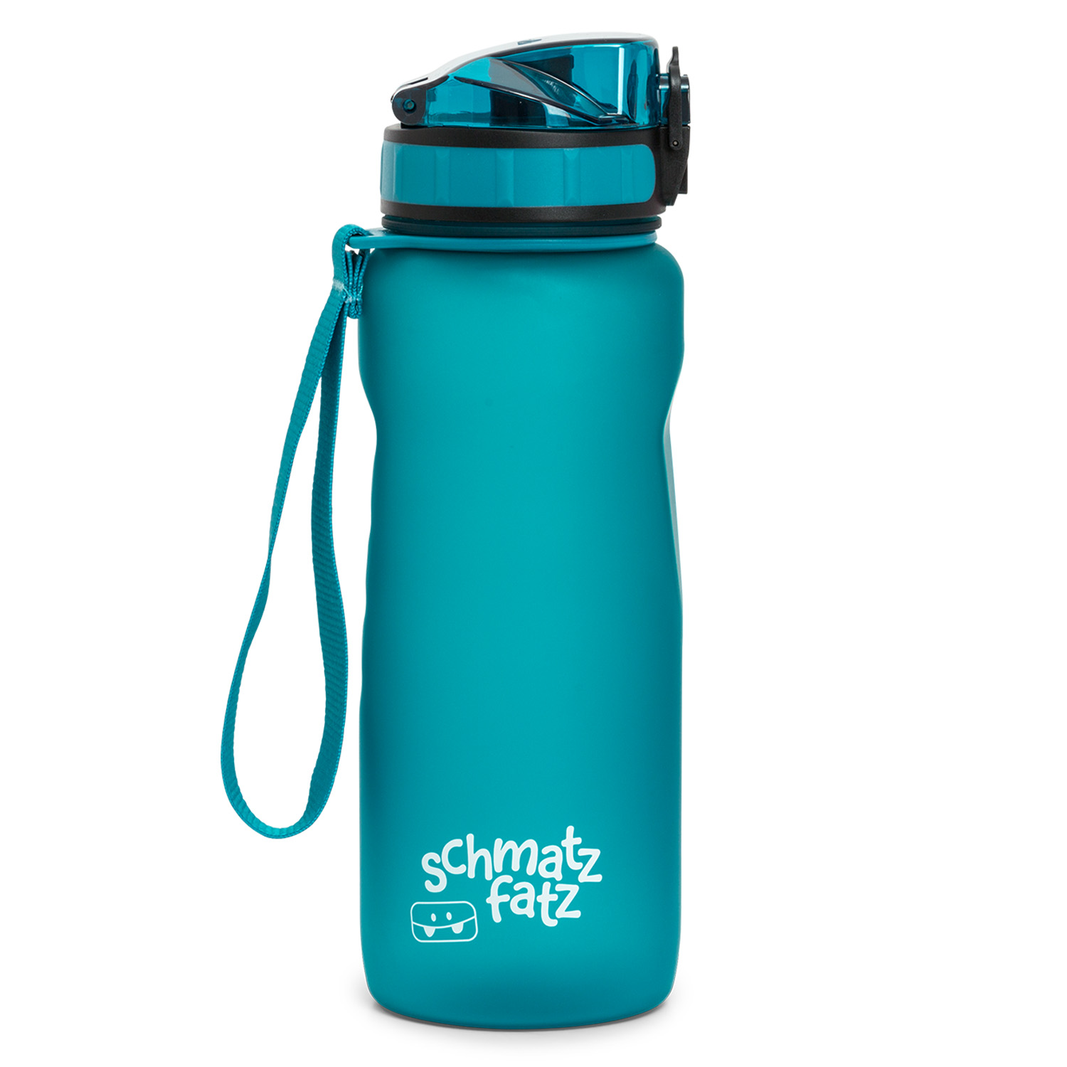 Türkis Wasserflasche mit Deckel, Riemen und Logo.